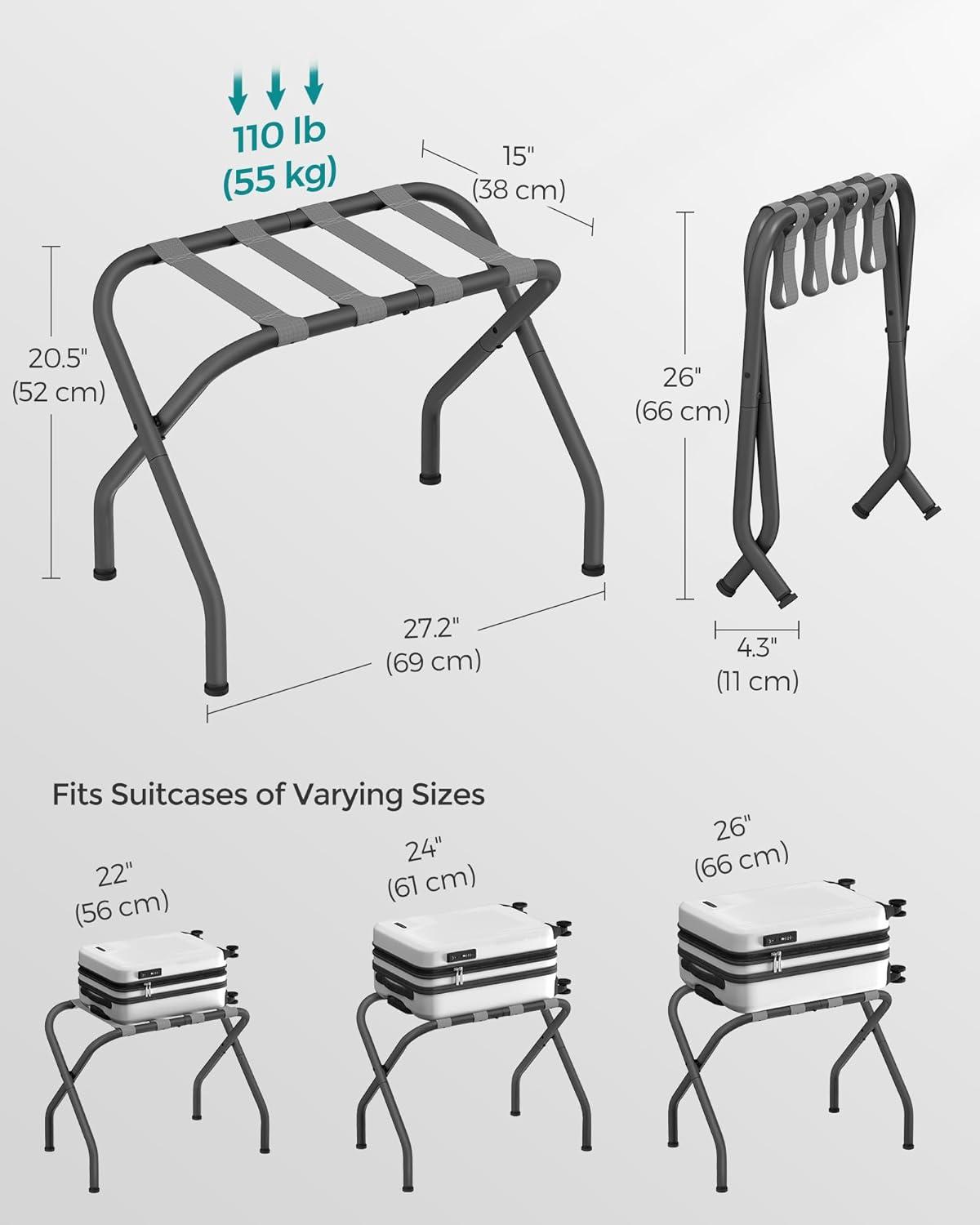 BINO 2-Pack Folding Luggage Rack Collapsible Metal Suitcase Stand With Durable Black Nylon Straps- For Bedroom, Guest Room, Or Hotel (Gray Steel)