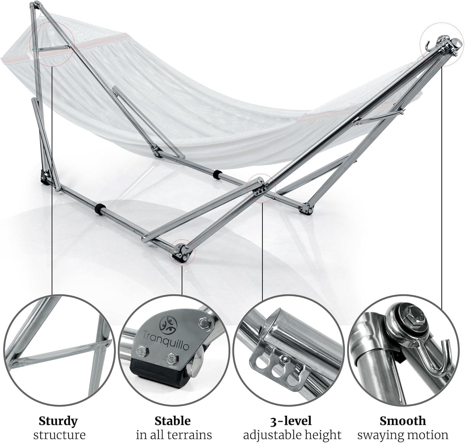 Tranquillo Adjustable Hammock Stand, Collapsible Camping Hammock and Stand, 650 lbs Capacity Deluxe Double Hammock Stand for 2 Persons, Portable Everywhere Easy Assembly Non-Slip and Noise-Free, Grey