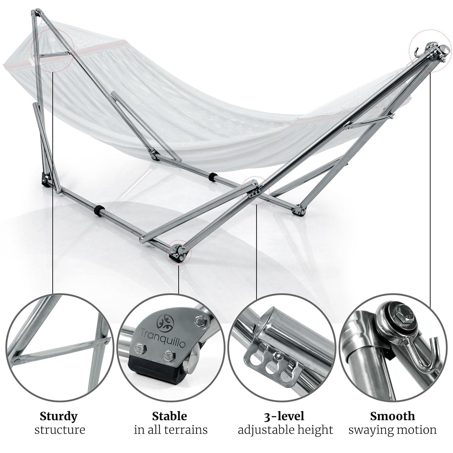 Tranquillo Adjustable Hammock Stand, Collapsible Camping Hammock and Stand, 650 lbs Capacity Deluxe Double Hammock Stand for 2 Persons, Portable Everywhere Easy Assembly Non-Slip and Noise-Free, Grey