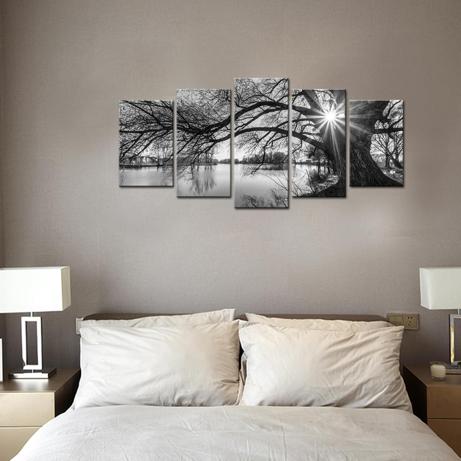 5 Pieces Wall Art Old Tree by Lake Picture Canvas Prints Sunrise Painting Black and White Landscape Canvas Art Modern Wall Decoration Framed and Ready to Hang