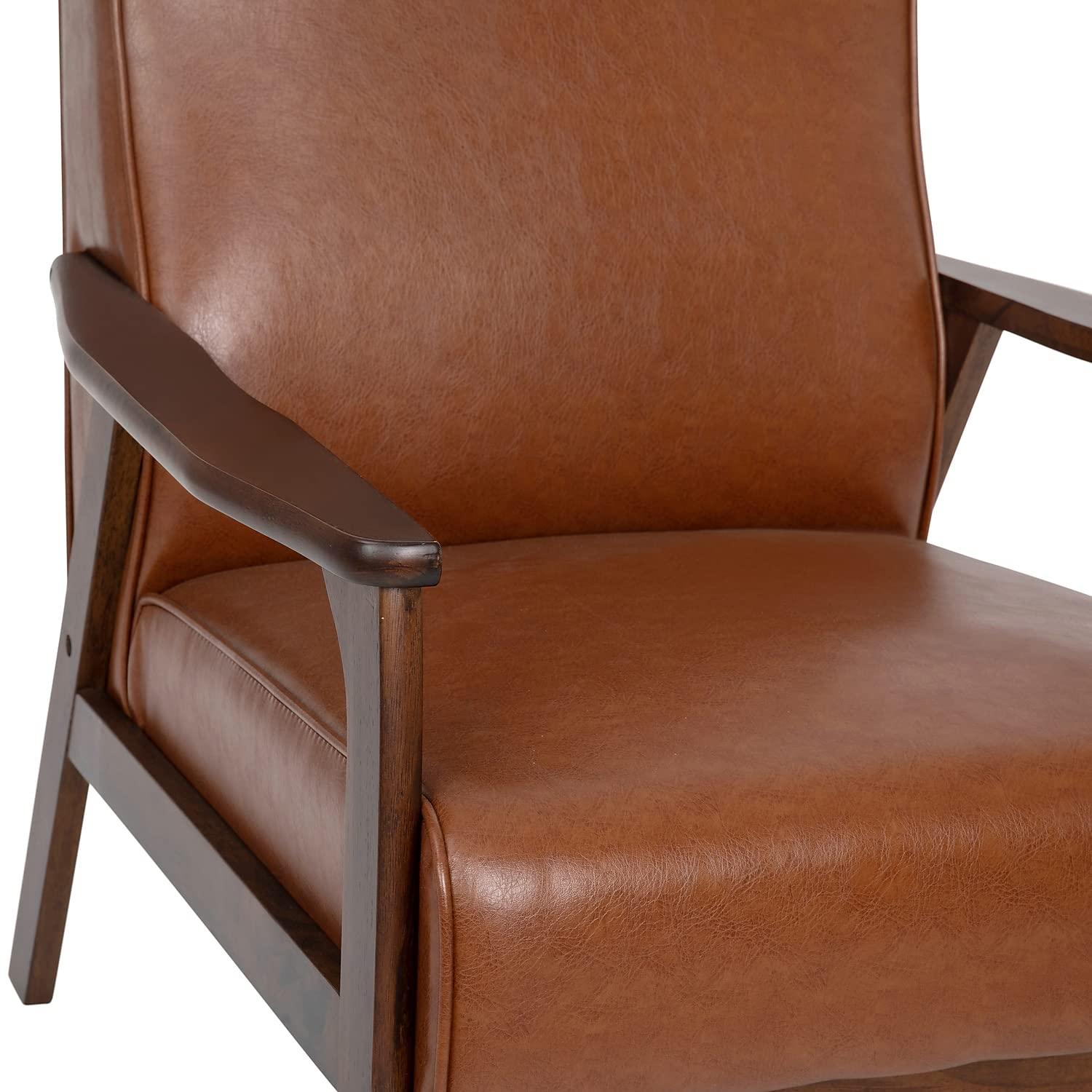 Flash Furniture Langston Commercial Grade LeatherSoft Upholstered Mid Century Modern Arm Chair with Walnut Finished Wooden Frame and Arms in Cognac