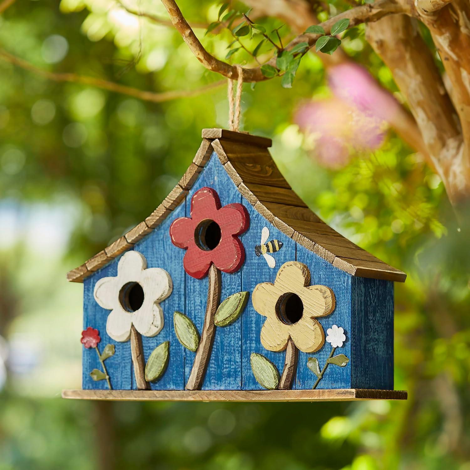 Oversized Blue Wooden Birdhouse with 3D Flowers