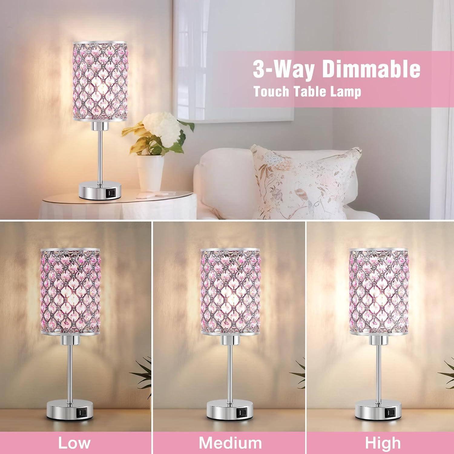 Crystal Table Lamp, Pink Touch Lamp with USB C+A Ports, 3 Way Dimmable with Crystal Shade, Small Bedside Lamps for Girl Bedroom, Living Room(Buld Included)
