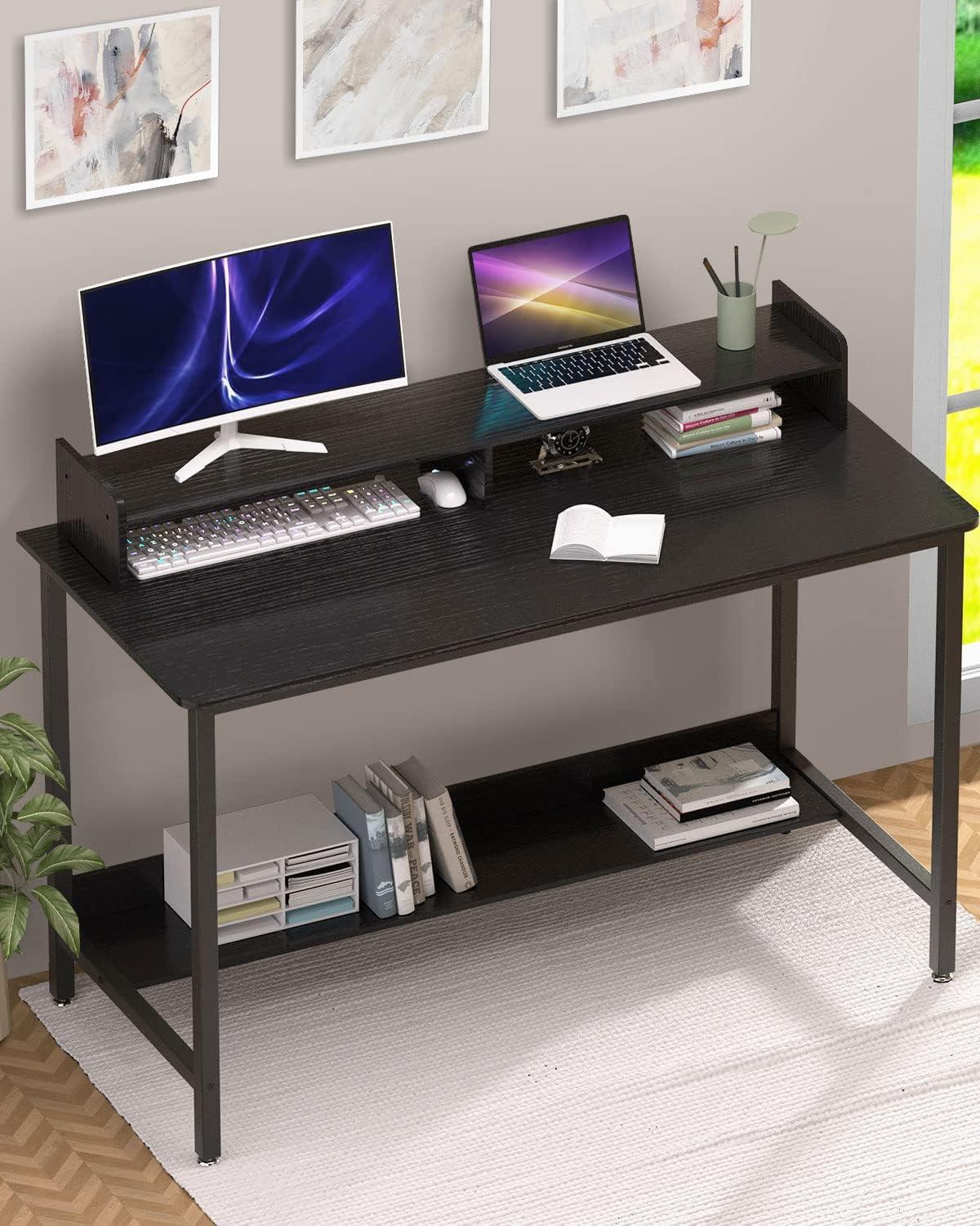 Black Wood 43 Inch Computer Desk with Shelves and Drawer