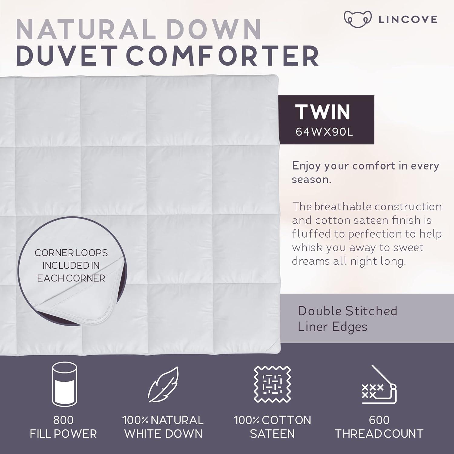 Lincove Down Comforter - Duvet, 600 Thread Count, 100% Cotton Sateen, Corner Loops