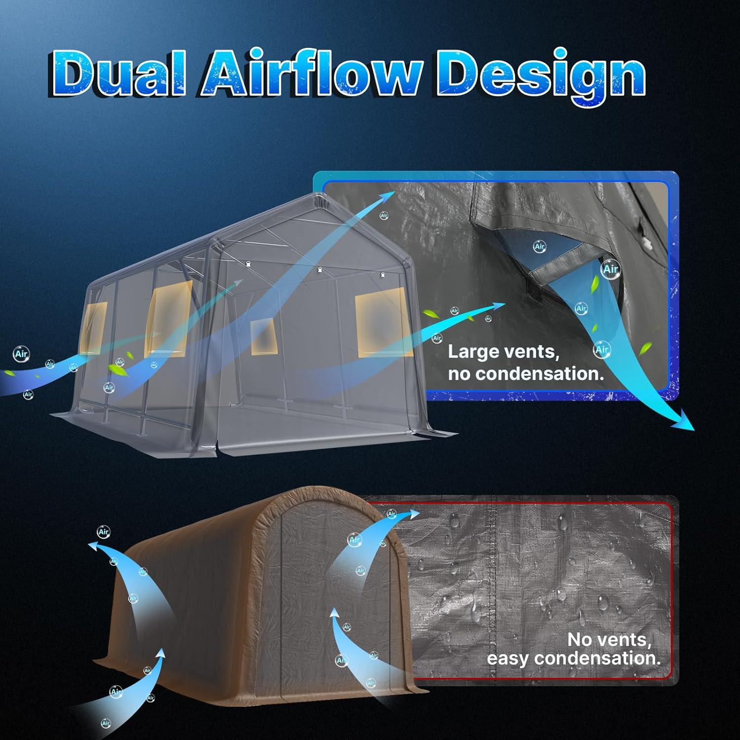 ADVANCE OUTDOOR 10x15 ft Outdoor Storage Shelter Shed with 2 Roll up Zipper Doors & Vents Peak Roof Carport for Motorcycle Waterproof and UV Resistant Anti-Snow, Gray