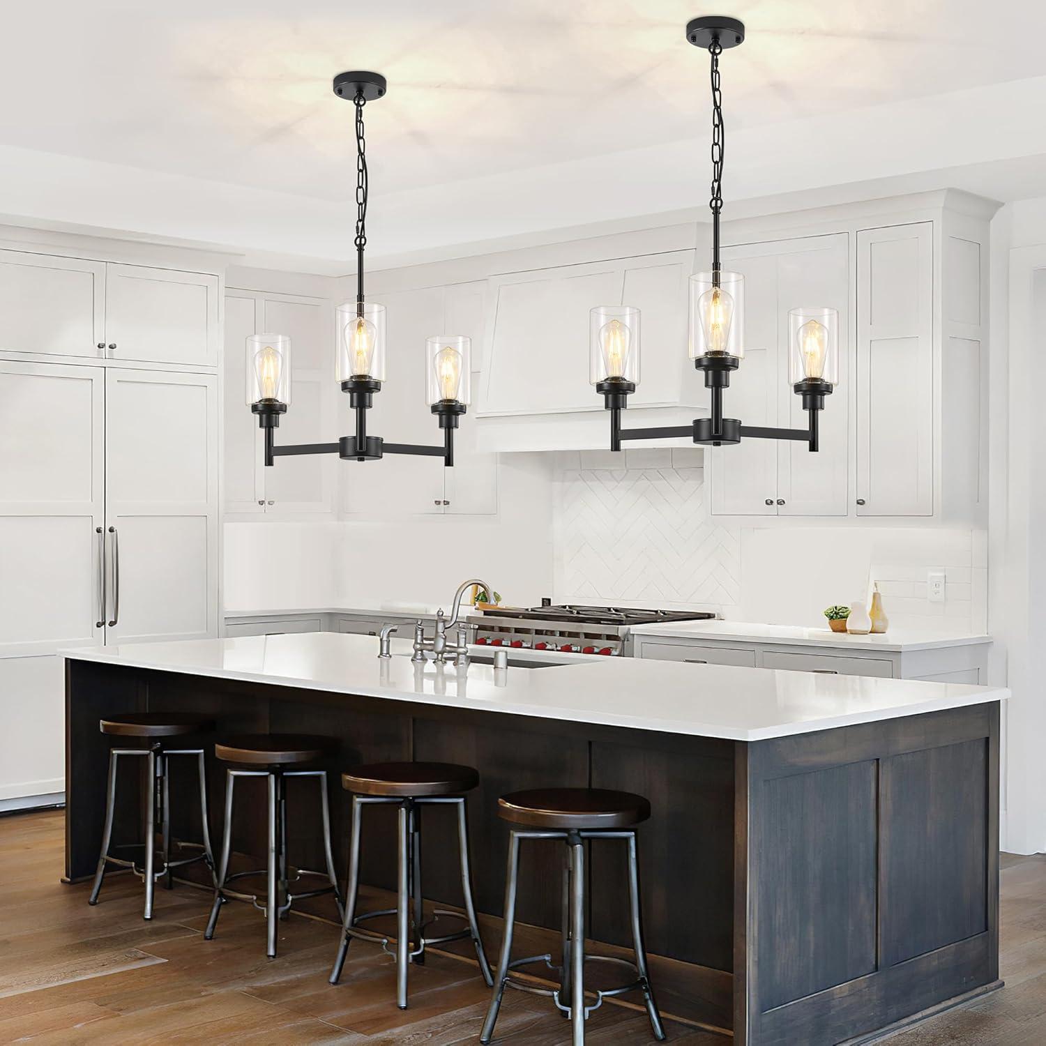 Black Chandelier for Dinning Room Living Room Island Kitchen Chandelier Light Fixtures Over Table, 3 Light Farmhouse Chandelier with Cylinder Clear Glass, Height Adjustable