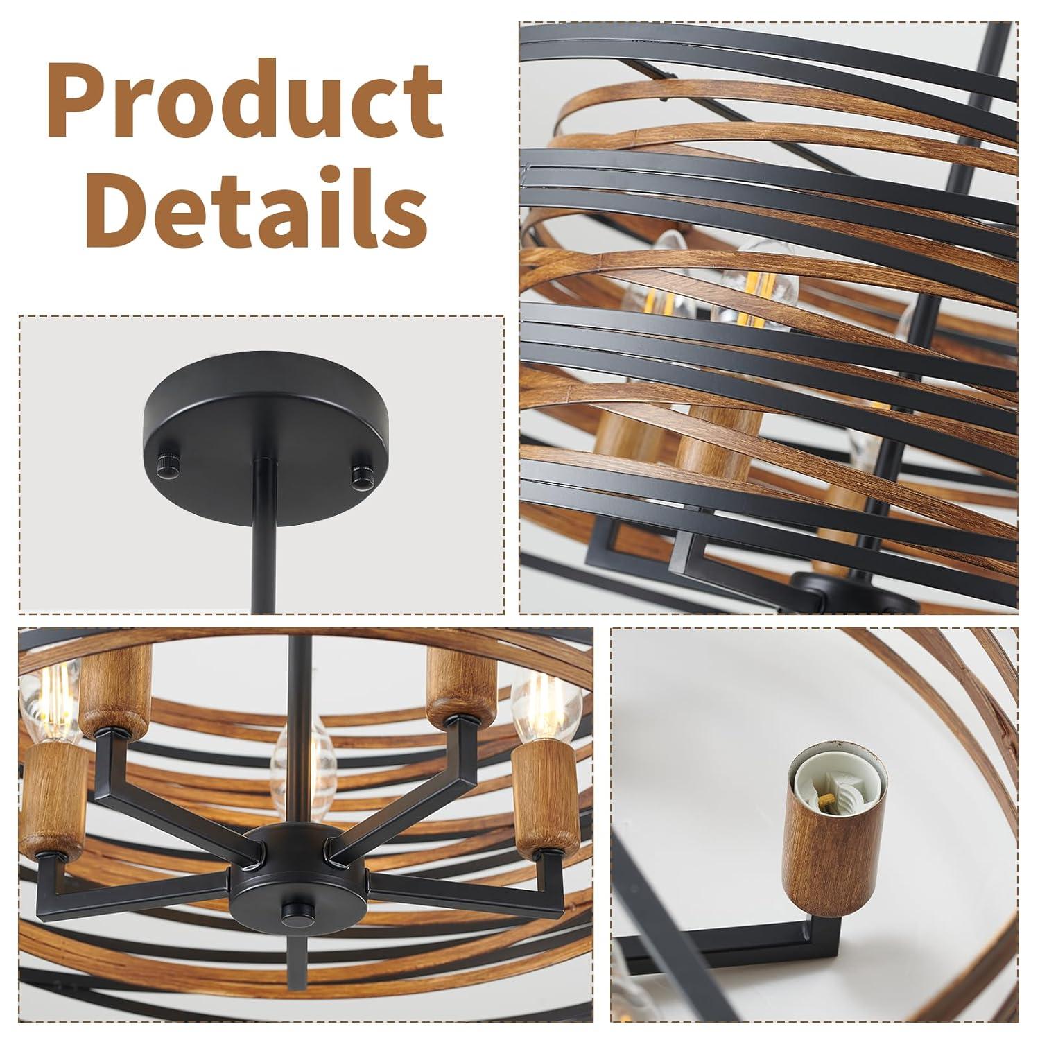 Dining Room Lighting Fixture, 5-Light Farmhouse Black Chandelier Drum Light, Round Metal with Retro Wood Texture Interior, E12 Bulbs Not Included