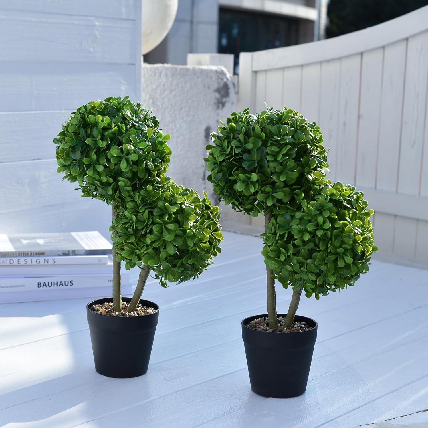 HOMCOM 2 Pack 23.5" Artificial Boxwood Topiary Ball Trees Set of 2, Double Ball-Shaped Boxwood Artificial Topiary Plants for Indoor Outdoor, Green