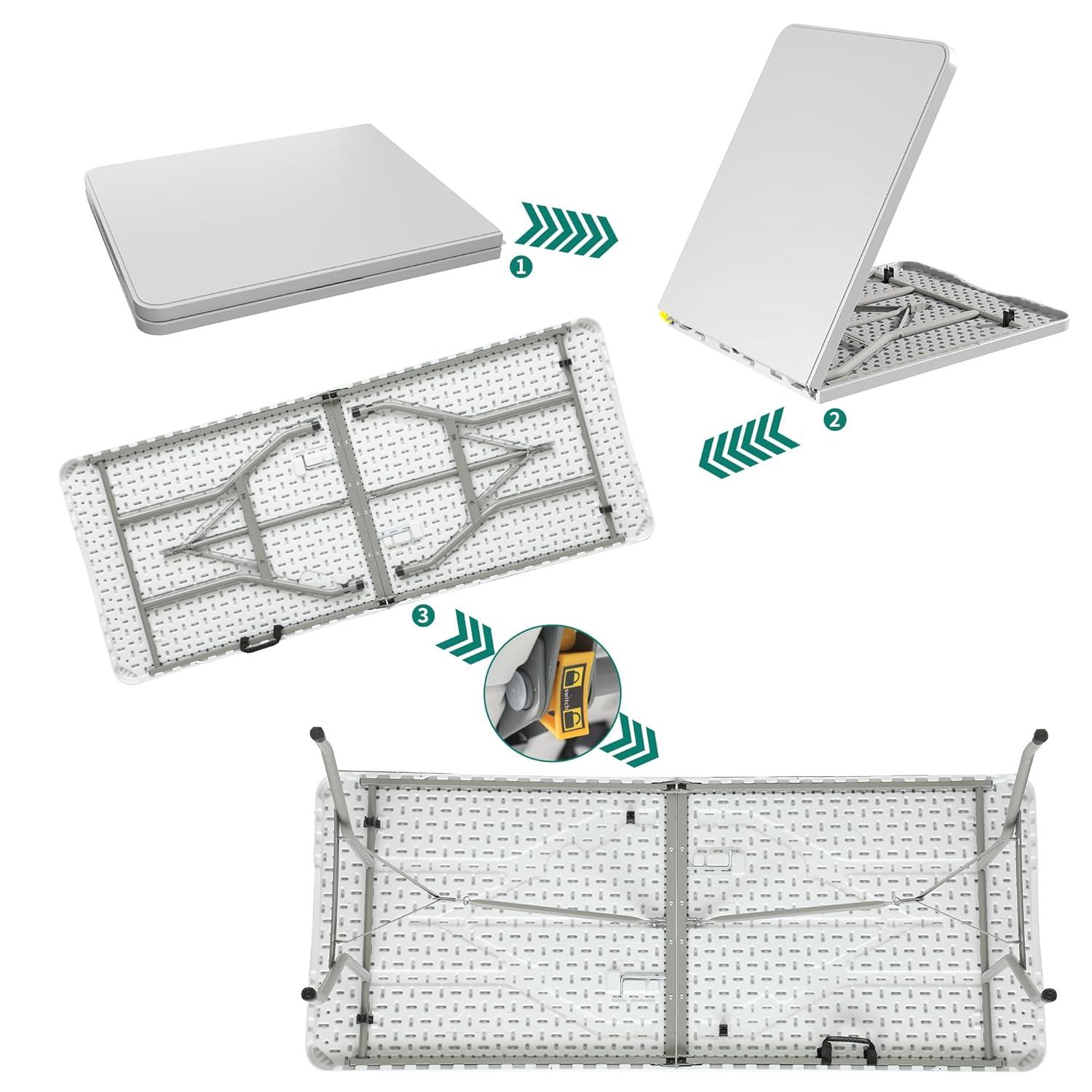 Folding Table 6 Foot,  Heavy-Duty, Portable Plastic Construction with Carrying Handle – Perfect for Picnics, Parties, and Office Indoor Outdoor Use, White
