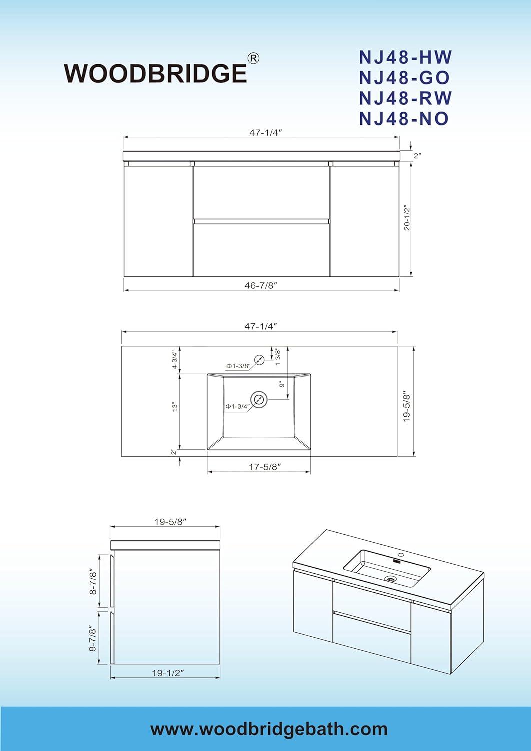 47.3" W x 19.6" D Wall Mounted Floating Vanity with Resin Composite Vanity Top