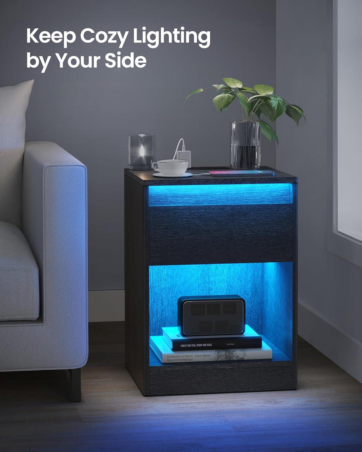 VASAGLE LED  Nightstand with Charging Station Bedside Table with Drawer 2 AC Outlets 2 USB Ports Modern for Bedroom Living Room 13.7" D x 15.7" W x 21.7" H Black