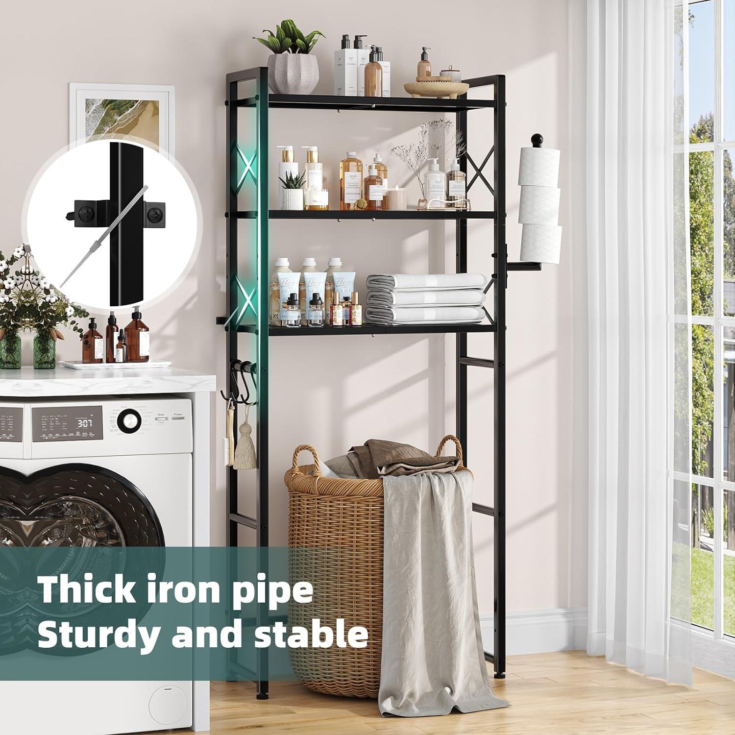 Tangkula Over-the-Toilet Storage 3-Tier Freestanding Bathroom Organizer Shelf w/ 2 Hanging Hooks & Toilet Paper Holder White/Black