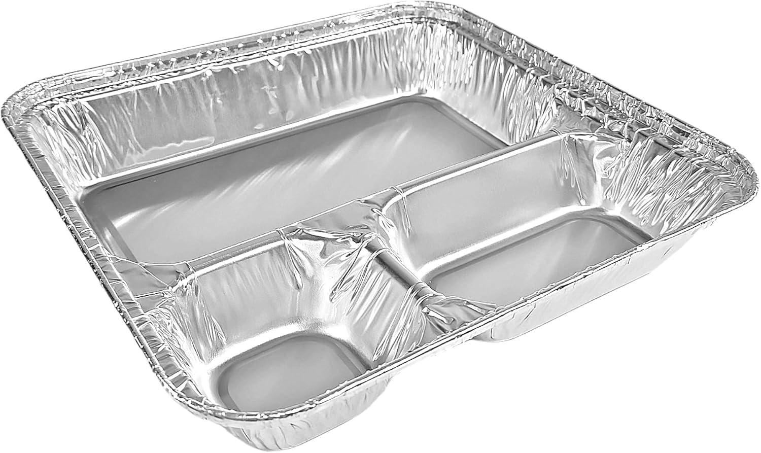 Pactogo Large 3-Compartment Oblong Aluminum Foil Take-Out Pan Senior Feeding TV Dinner Entr?e Tray w/Board Lid (Pack of 10 Sets)