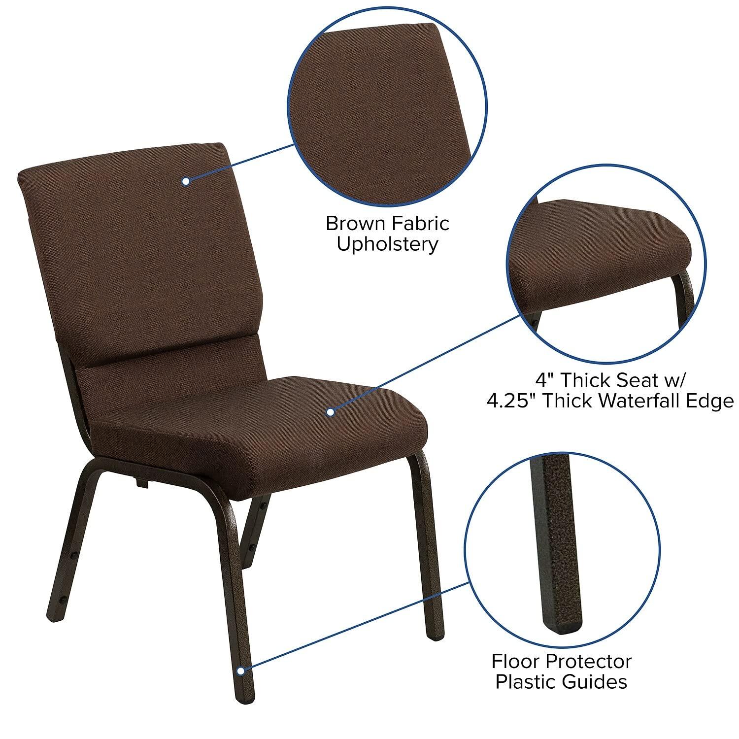 BizChair 18.5''W Stacking Church Chair in Brown Fabric - Gold Vein Frame