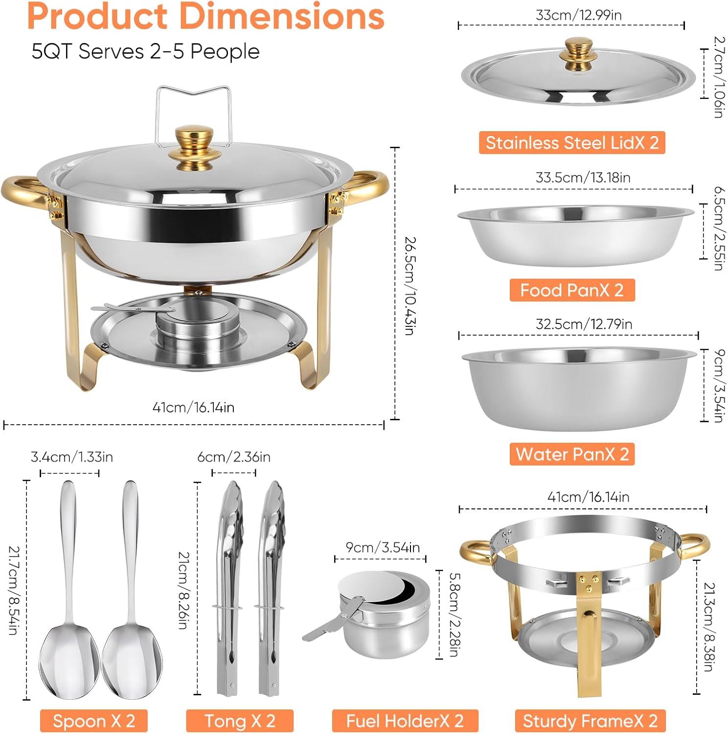 WhizMax Chafing Dish Buffet Set 2 Pack 5QT, Stainless Steel Round Chafing Dishes for Buffet with Lid Holder & Glass Lid, Gold