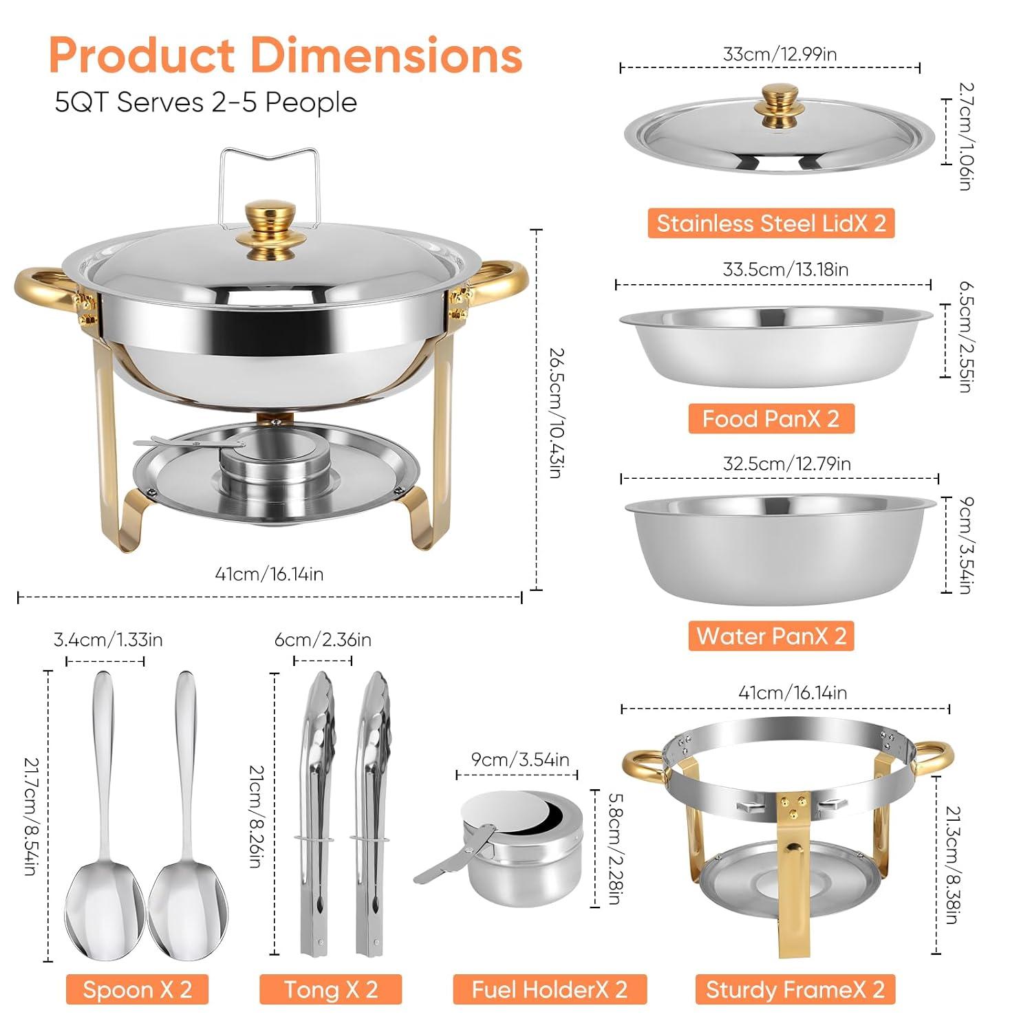 WhizMax Chafing Dish Buffet Set 2 Pack 5QT, Stainless Steel Round Chafing Dishes for Buffet with Lid Holder & Glass Lid, Gold