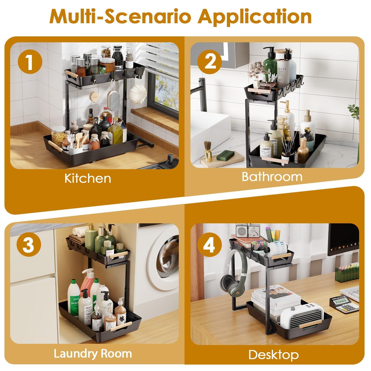 Rebrilliant Under Sink Organizer, 2 Tier Under Sink Organizers And Storage, Metal Slide Out Pull Out Cabinet Organizer ,2 Pack Sliding Drawer Organizer For Kitchen Bathroom Pantry
