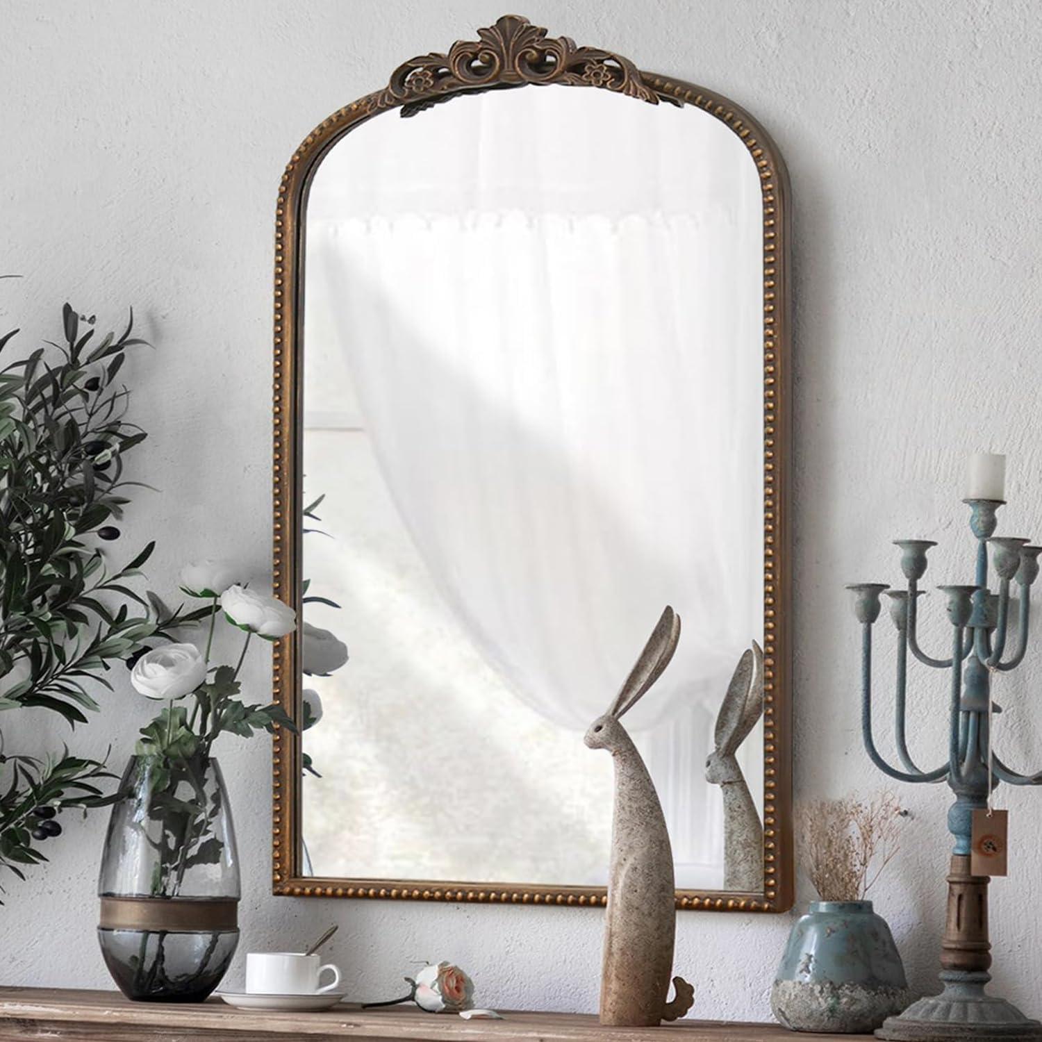 Antique Bronze Arched Mirror with Wood Adornment, 31" x 19"