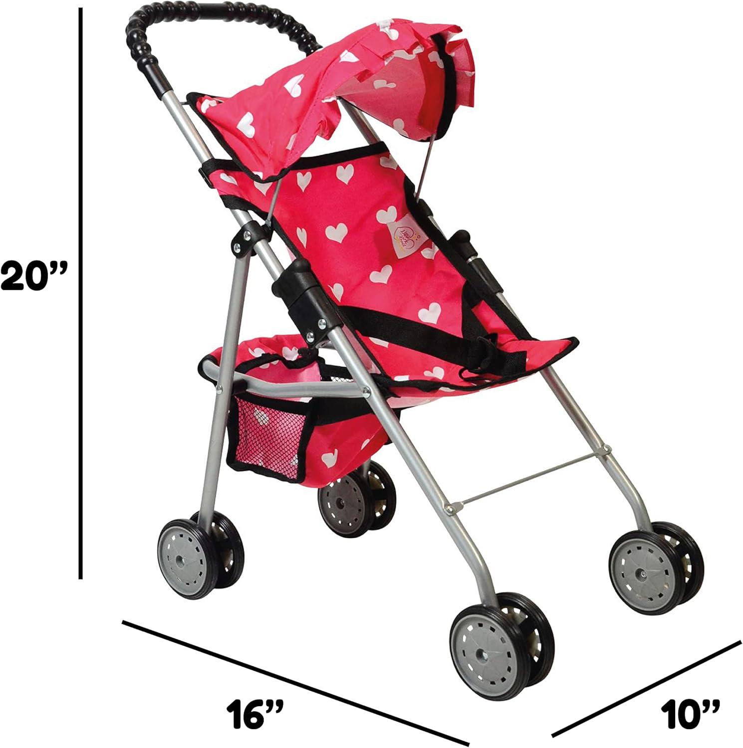The New York Doll Collection Baby Doll Stroller - My First Toy Stroller for Kids Age 1+ Pink Heart Design