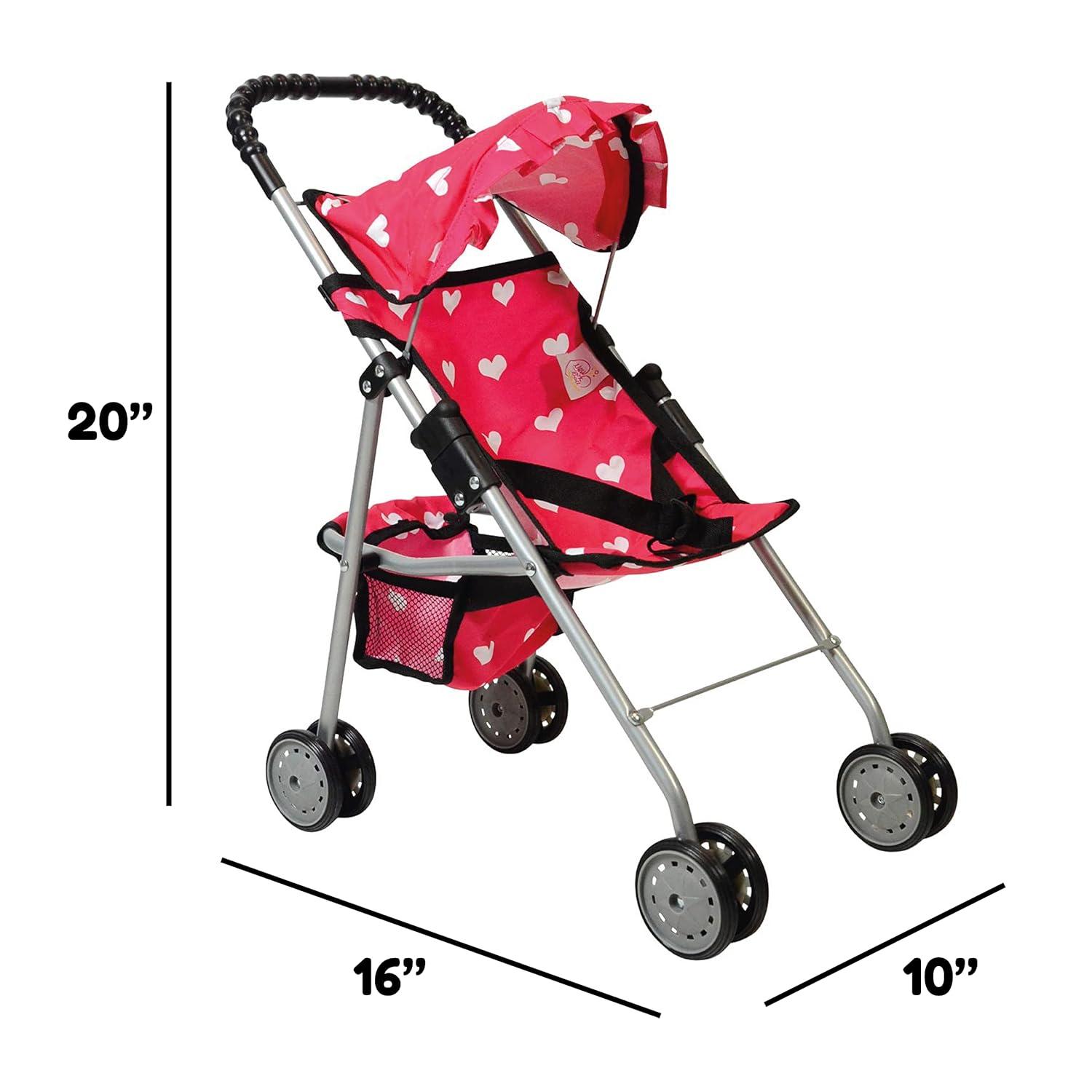 The New York Doll Collection Baby Doll Stroller - My First Toy Stroller for Kids Age 1+ Pink Heart Design