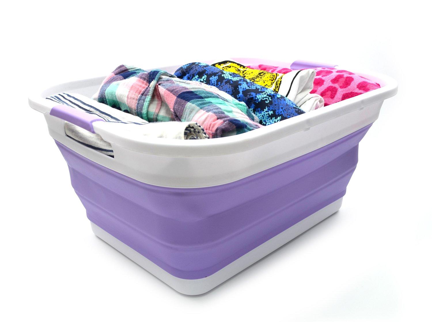SAMMART Collapsible Plastic Laundry Basket/ Washtub 41L (10.8 Gallon) Set of 2, Lt. Purple