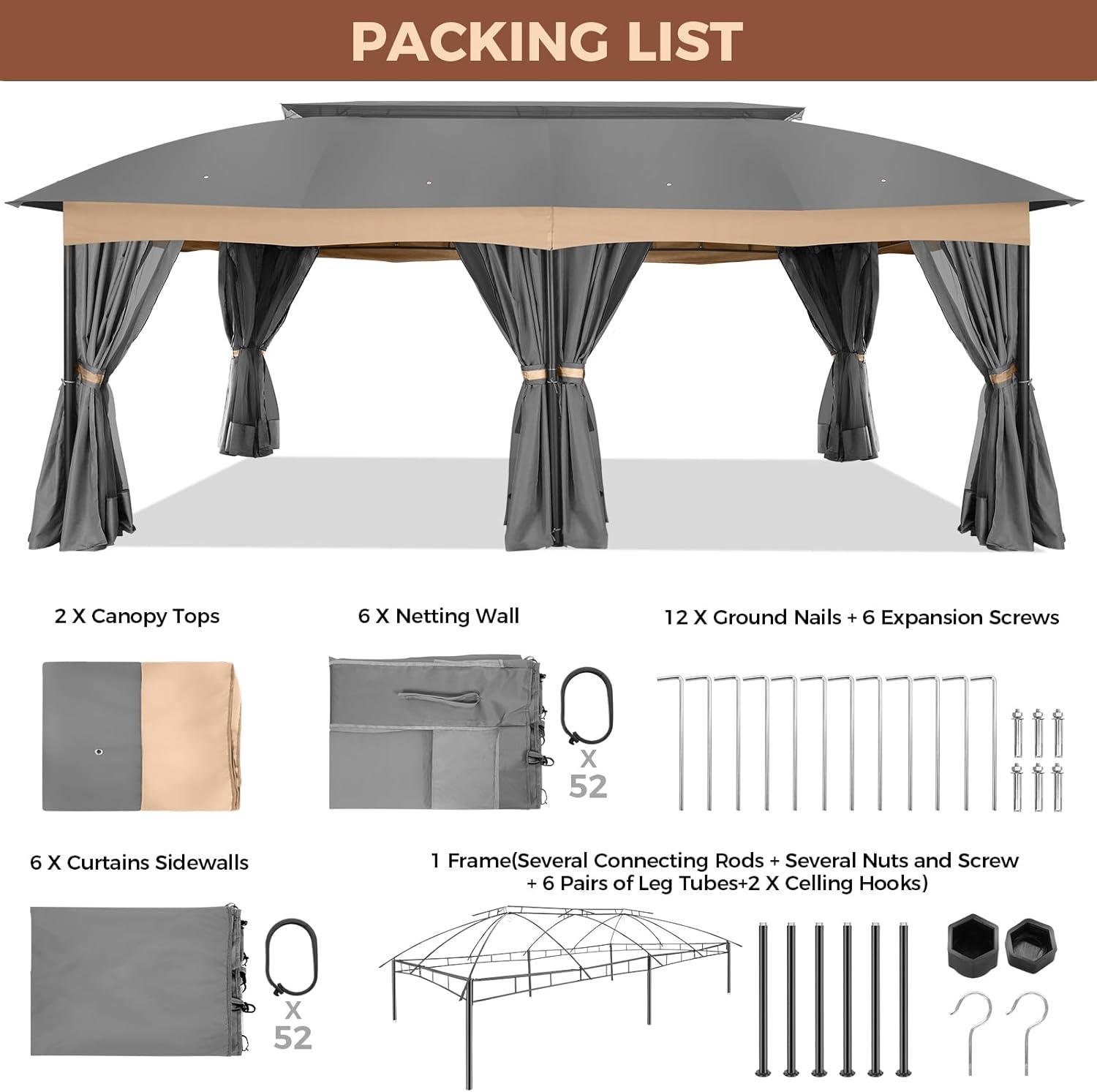 Hoteel 12X20 Heavy Duty Outdoor Patio Gazebo with Mosquito Netting and Curtains, Canopy Tent Deck Gazebo with Double Roofs and Metal Steel Frame for Party, Backyard, Deck, Garden, Gray