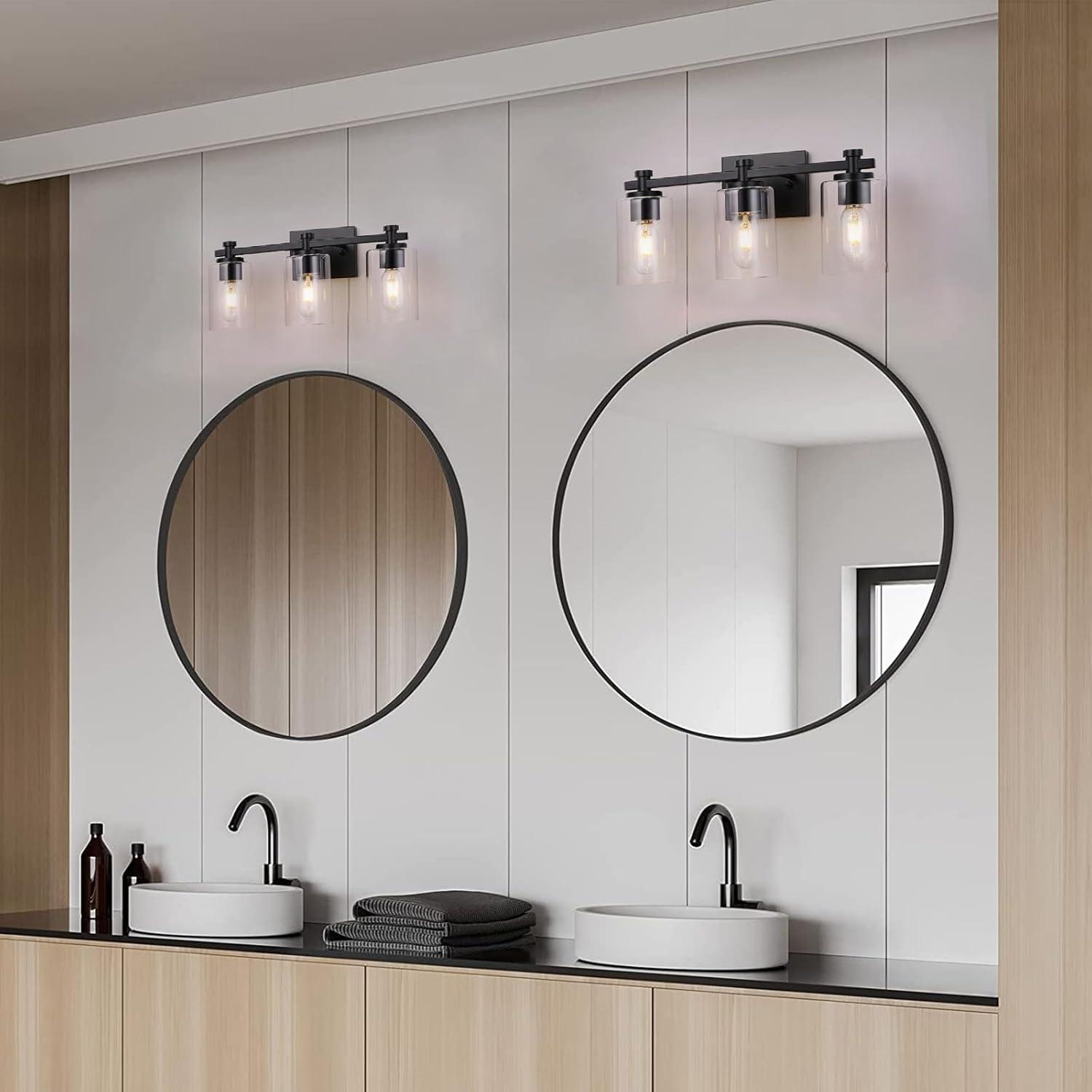 3-Light Bathroom Light Fixtures Bathroom Vanity Lights with Clear Glass Shades Matte Black Bathroom Light Fixtures over mirror for Mirror Living Room Cabinet Bedroom Porch