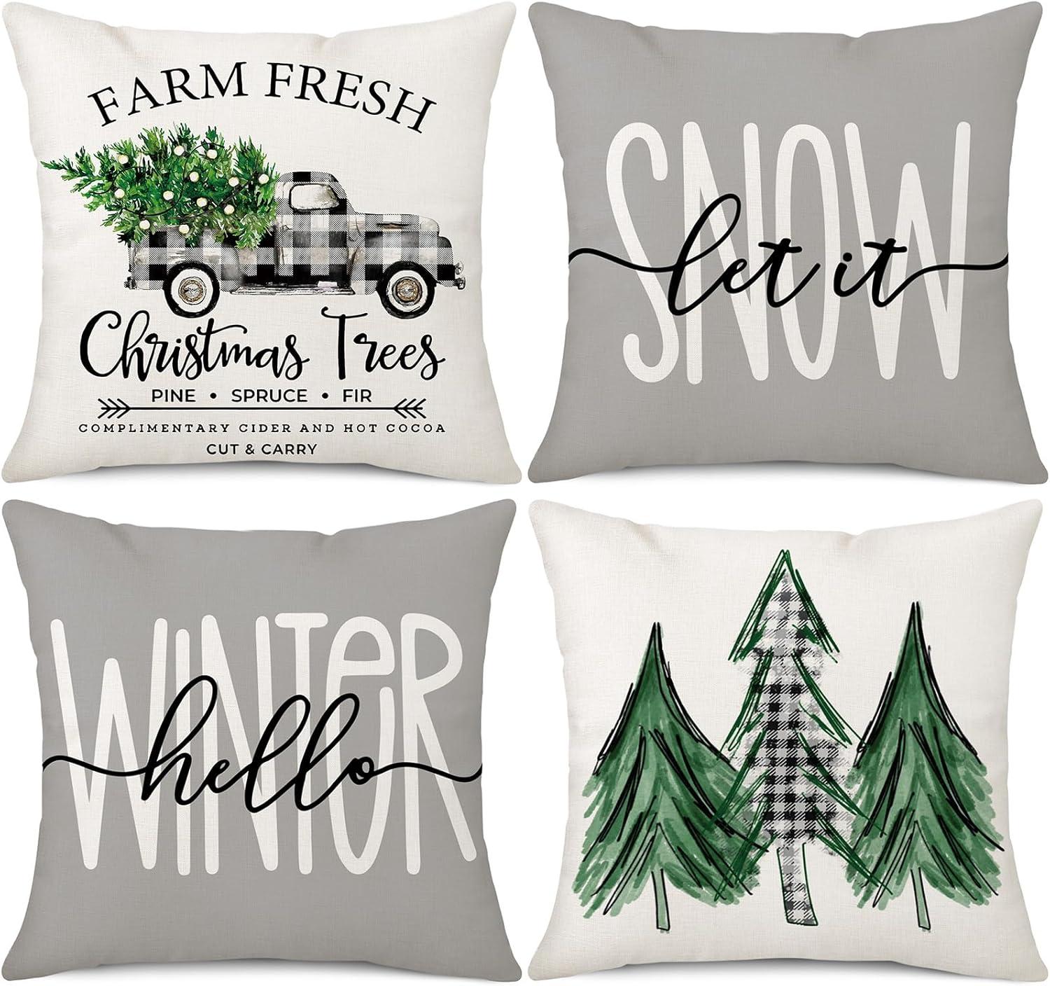 Christmas Pillow Covers 18 x 18 Inch Set of 4  Grey Merry Xmas Tree Snow Hello Winter Decorative Throw Pillowcases Farmhouse Holiday Pillow Cases Decoration for Sofa Couch AA273-18