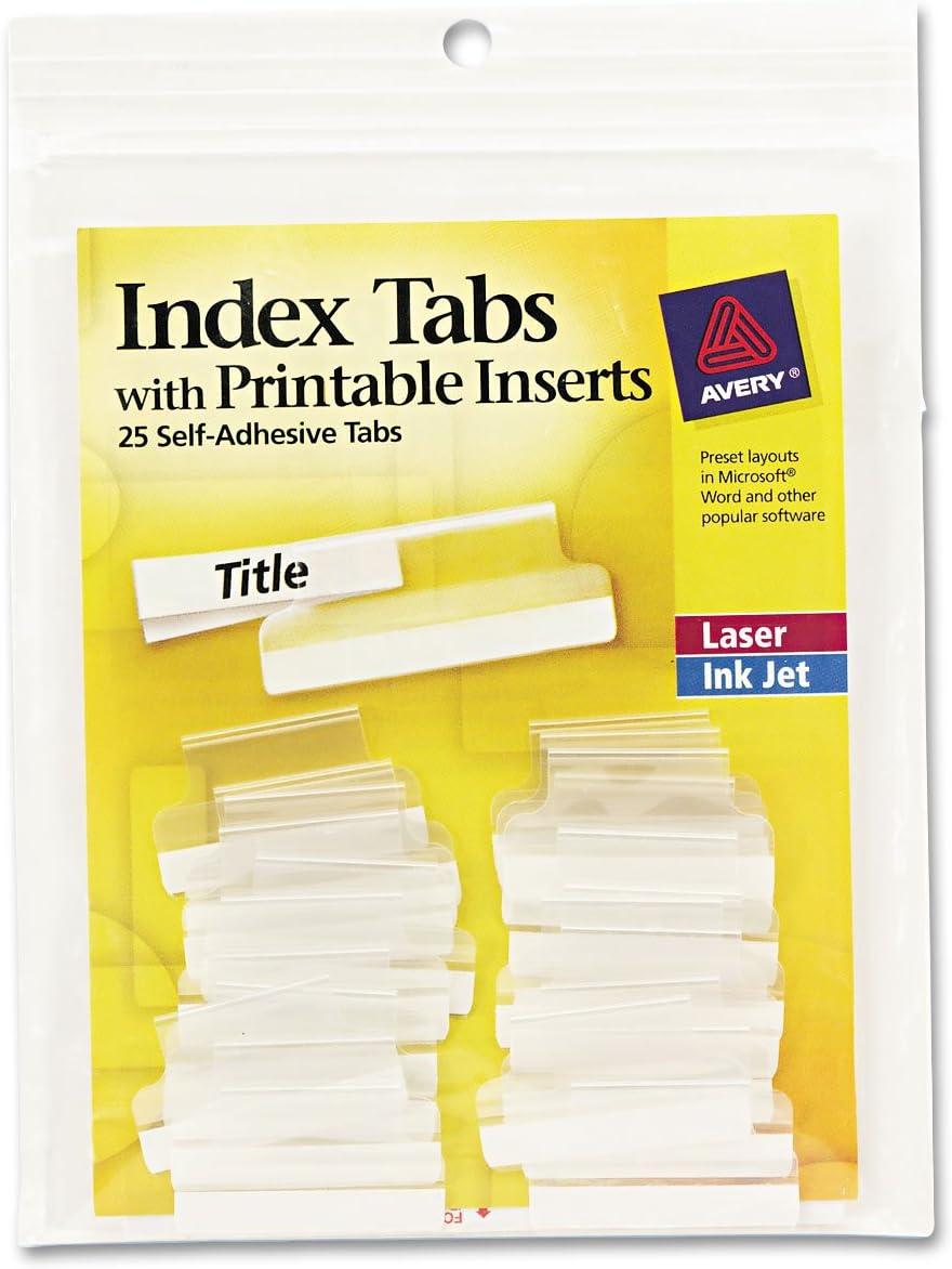 Avery Clear Self-Adhesive Index Tabs with Printable Inserts, 1 Inch, Pack of 25