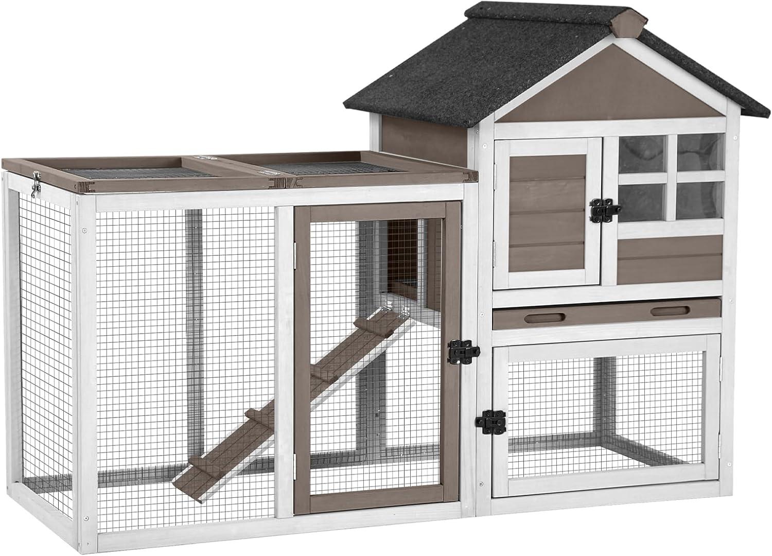 51.6'' Brown and White Wooden Rabbit Hutch with Run