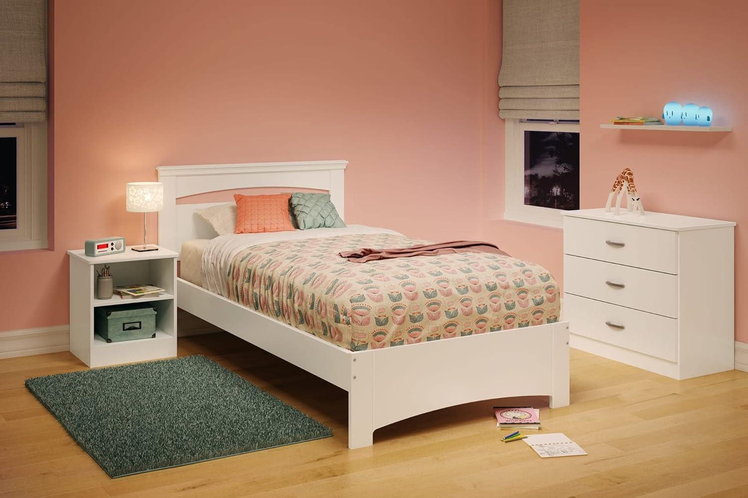 Pure White Twin Platform Bed with Drawer and Headboard