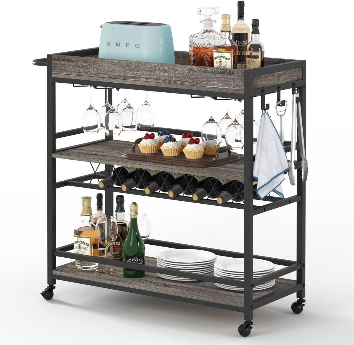 Gray Oak 3-Tier Bar Cart with Wine Rack and Glass Holder