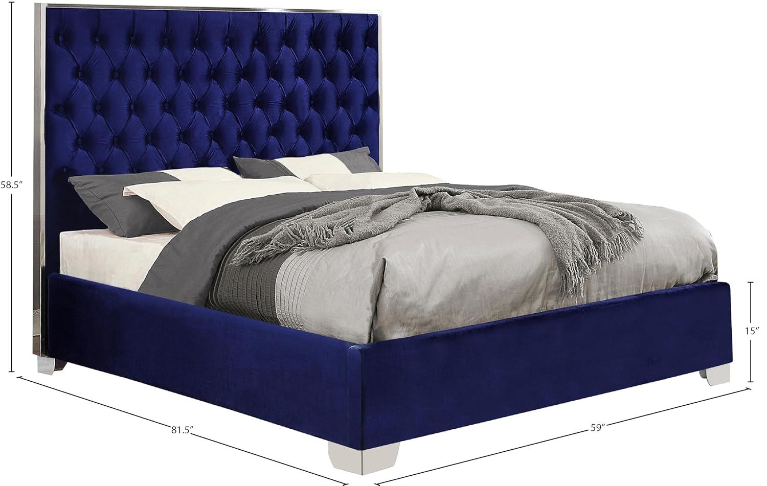 Meridian Furniture Lexi Solid Wood and Velvet Full Bed in Navy