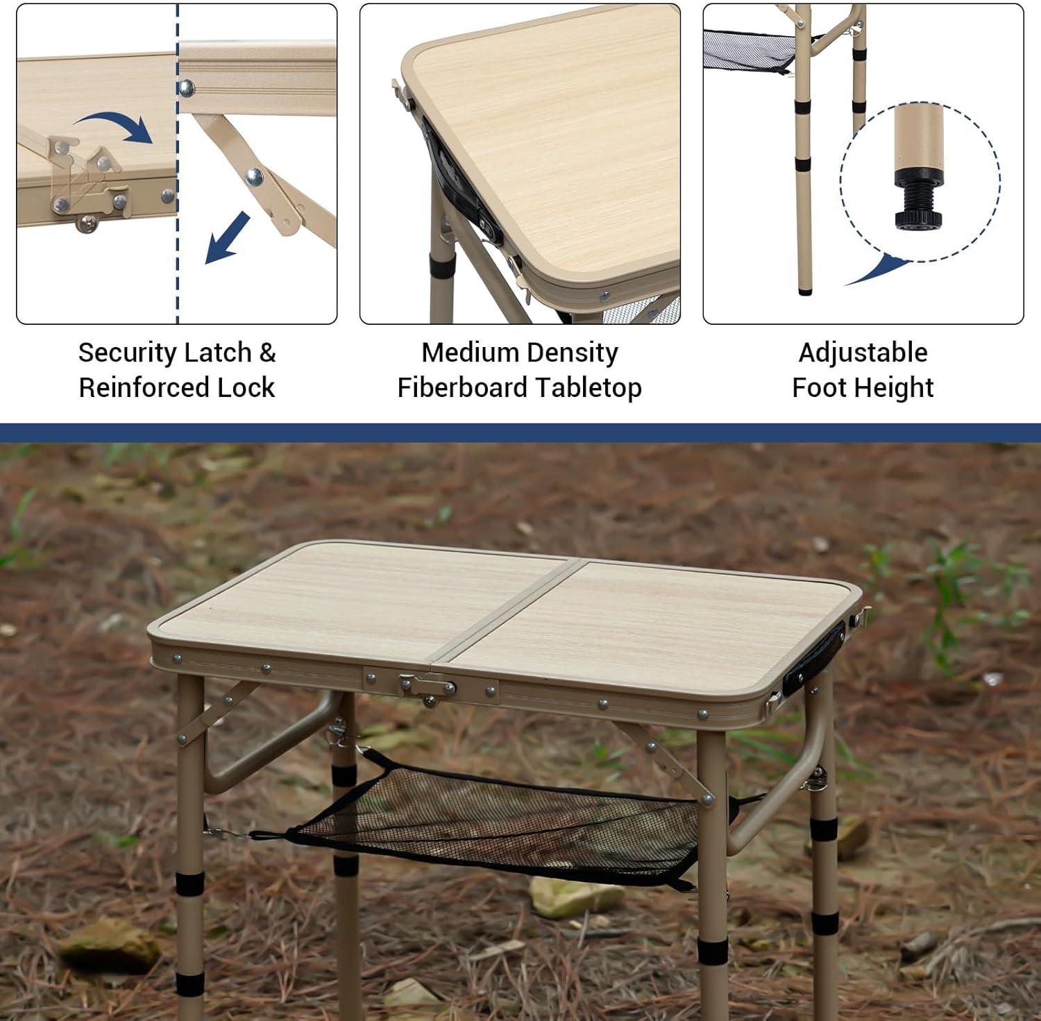 Small Folding Table 2FT Camping Table 3 Adjustable Height Lightweight Portable Aluminum Mini Foldable for Picnic Beach Indoor Outdoor, Yellow
