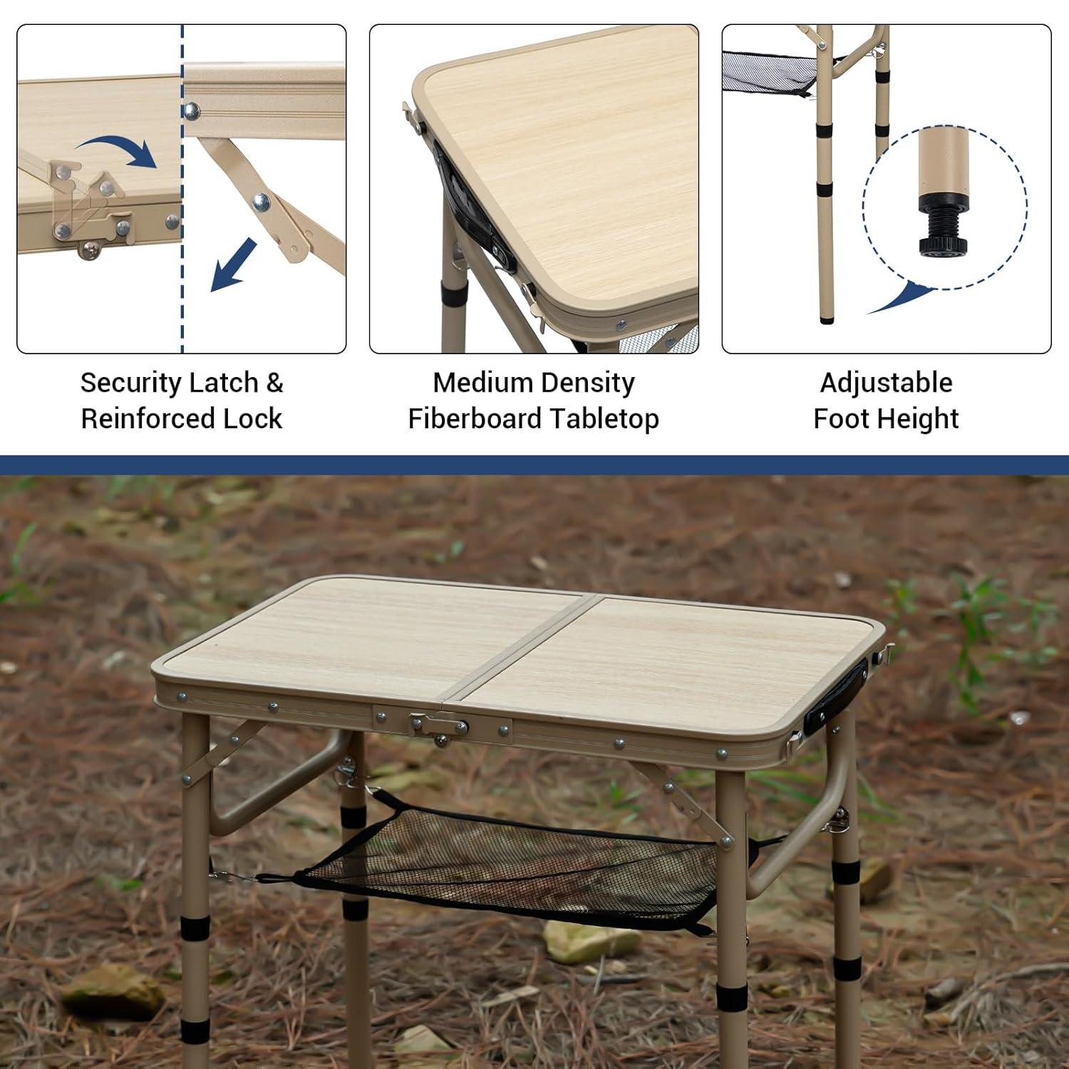 Small Folding Table 2FT Camping Table 3 Adjustable Height Lightweight Portable Aluminum Mini Foldable for Picnic Beach Indoor Outdoor, Yellow