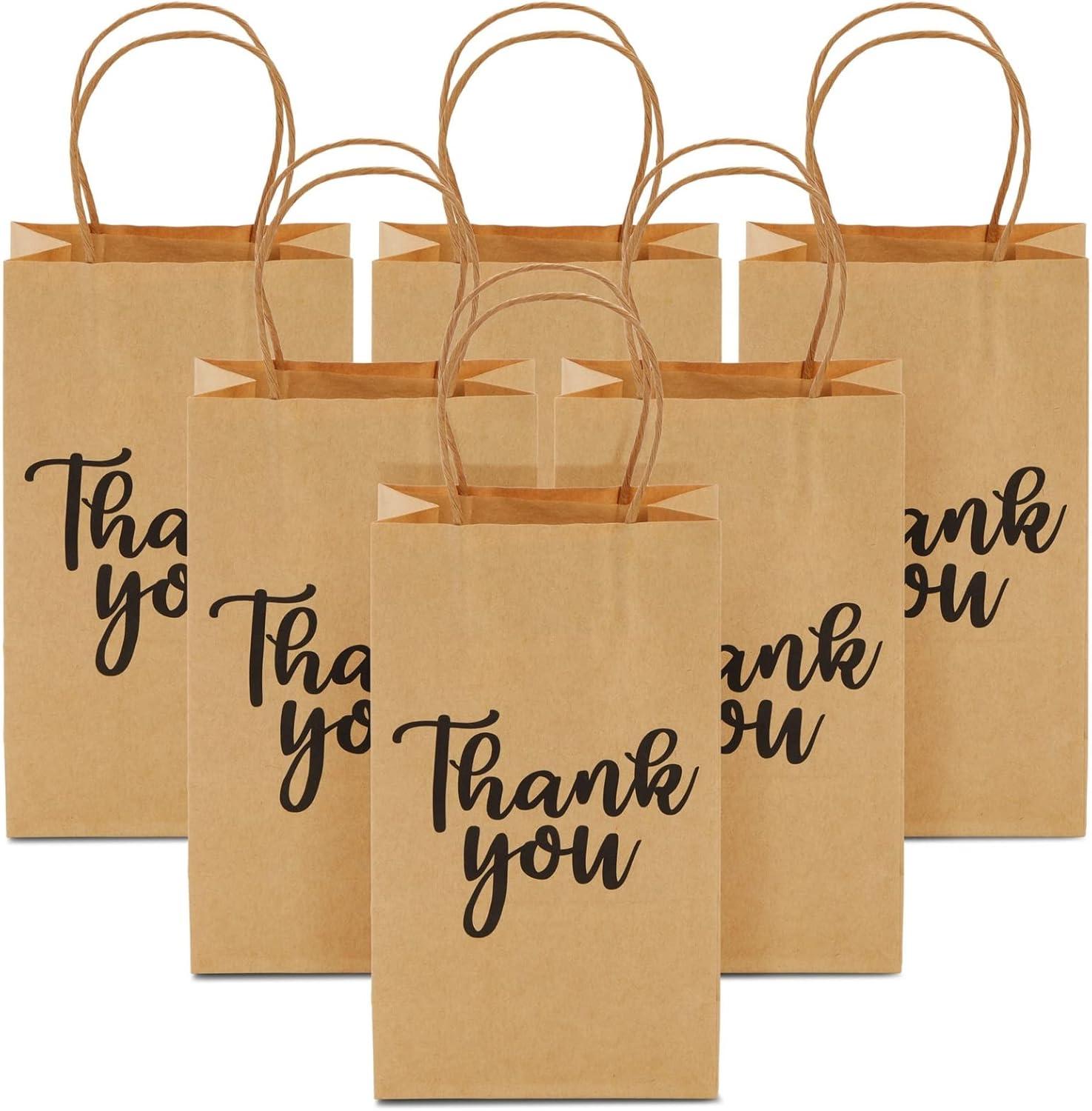 Sparkle and Bash 100-Pack Small Thank You Gift Bags with Handles, Brown Kraft Paper Material Bag Bulk for Wedding Birthday Favor, 9x5.3x3.15 in