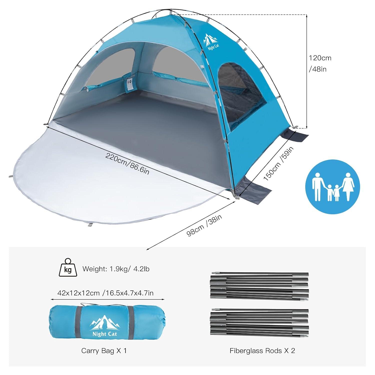Blue 4-Person Summer Portable Beach Tent with UV Protection