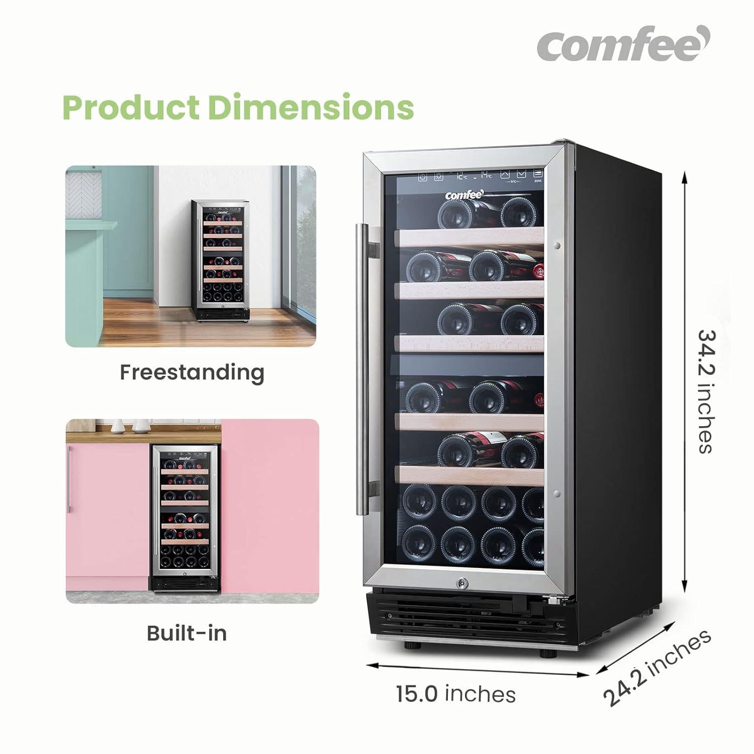 Comfee 28-Bottle Dual Zone Free Standing Beverage and Wine Cooler, Stainless Steel