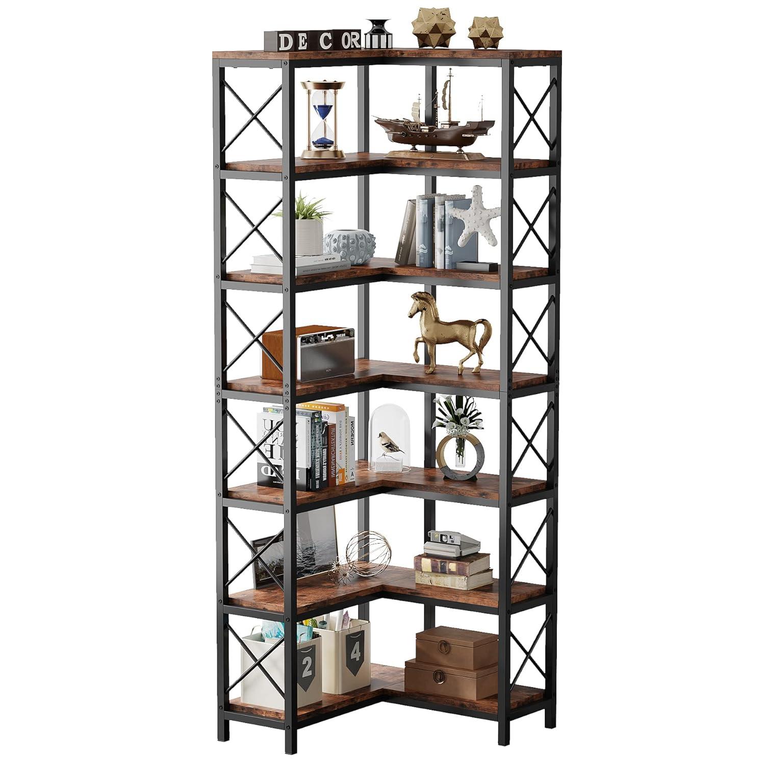 Hommoo 7-Tier Tall Corner Bookshelf Rustic Brown