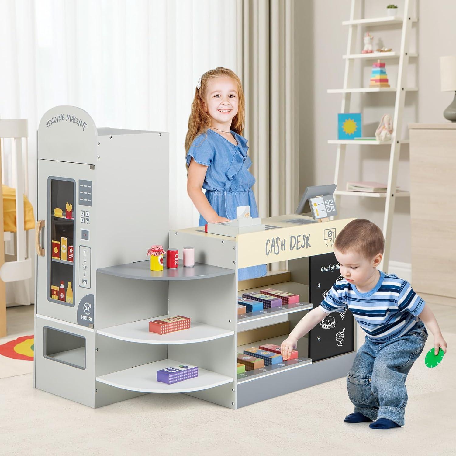 Canddidliike Kids Grocery Store Playset with Cash Register POS Machine, Gifts for Boys and Girls Aged 3-8, Gray, Play Kitchen for Kids, Wooden Kids Play