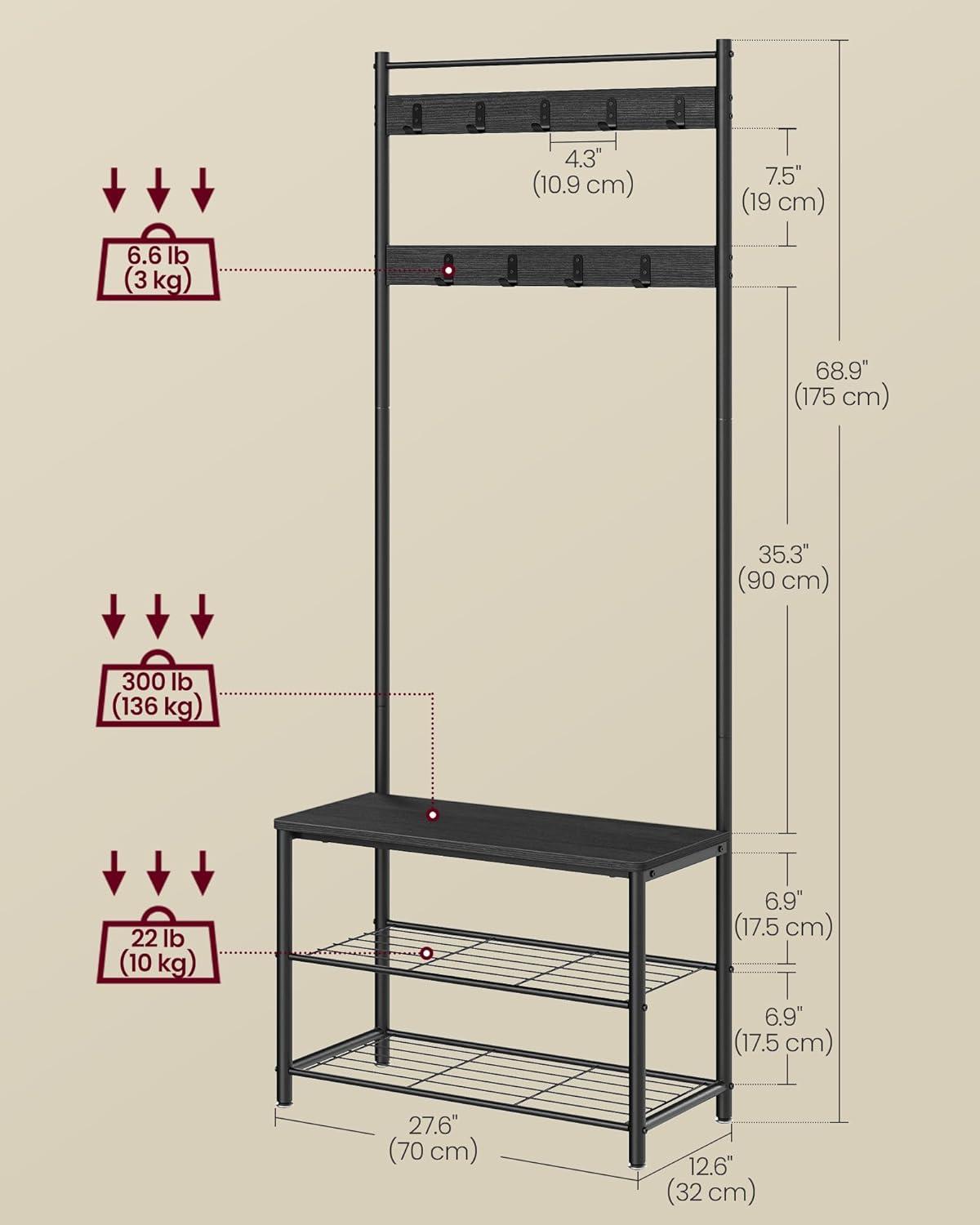 VASAGLE Coat Rack, Hall Tree with Shoe Storage Bench, Entryway Bench with Shoe Storage, 3-in-1, Steel Frame, for Entryway, 12.6 x 33.5 x 68.9 Inches, Industrial, Rustic Brown and Black UHSR401B01
