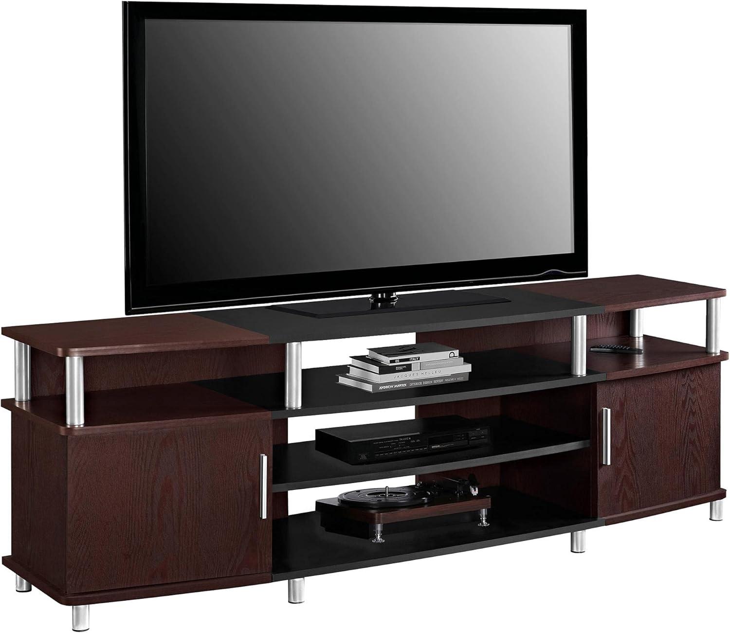 Ameriwood Home Carson TV Stand fits up to 70" with Multiple Open Shelves, Cherry and Black