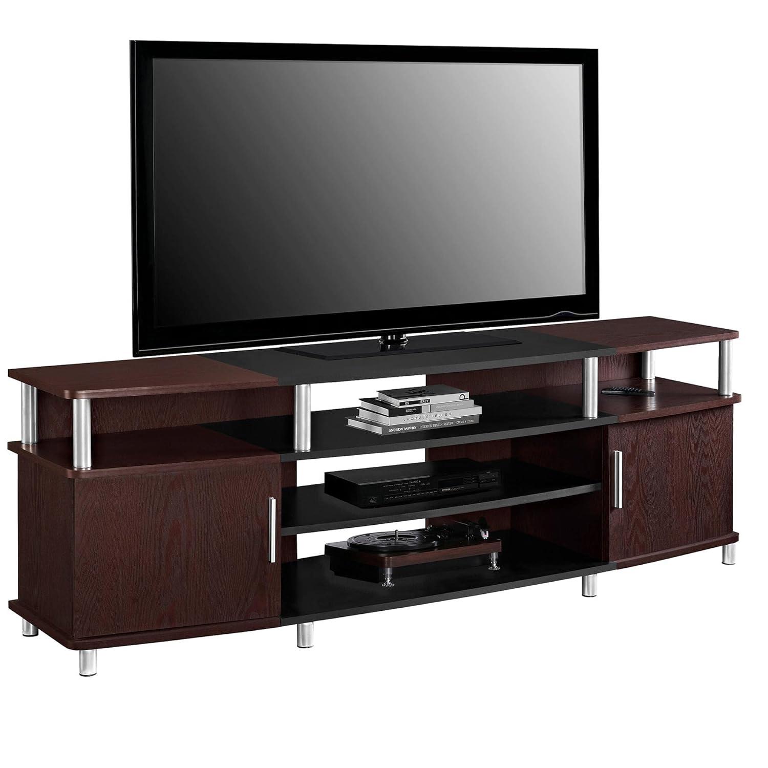 Ameriwood Home Carson TV Stand fits up to 70" with Multiple Open Shelves, Cherry and Black