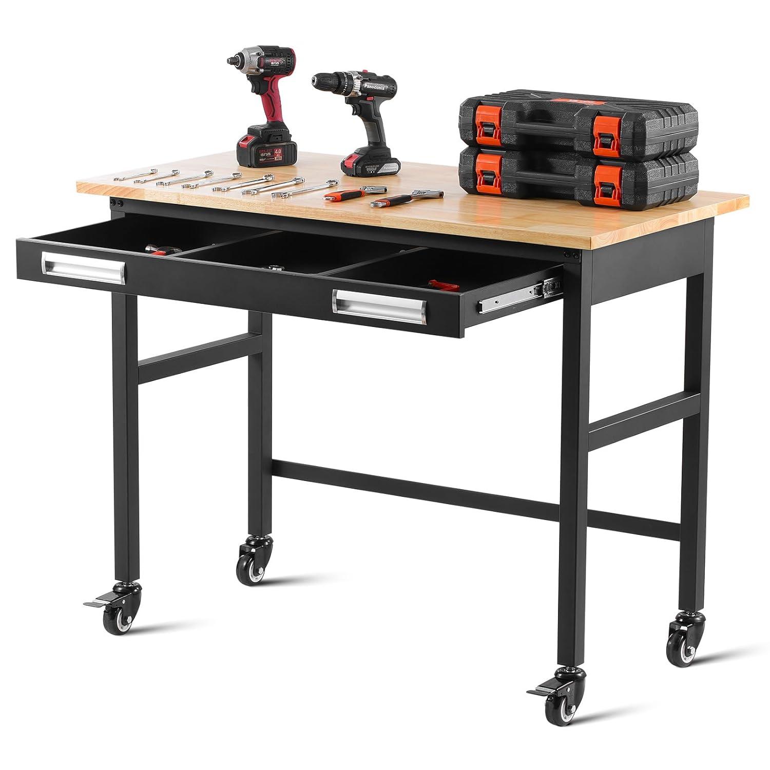 VEVOR Workbench, 48-inch Garage Workbench with Drawer Storage & Wheels, 1500 lbs Load Capacity Workshop Bench on Wheels, Heavy Duty Oak Wood Top Work Table for Garage, Workshop, Office, and Home