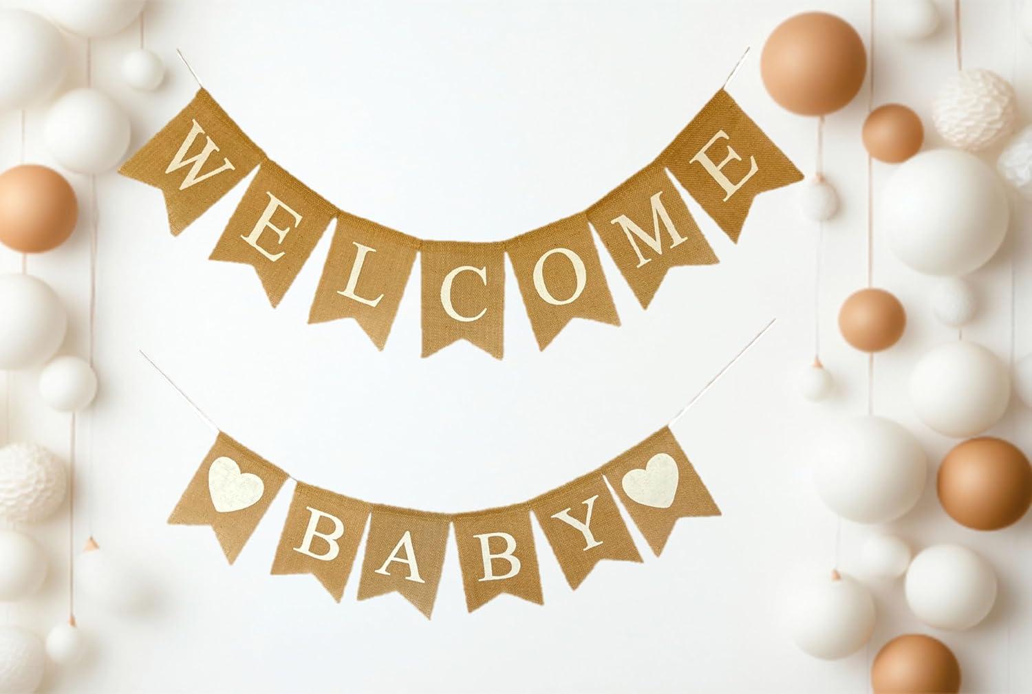 Shimmer Anna Shine Welcome Baby Burlap Banner for Baby Shower Decorations and Gender Reveal Party