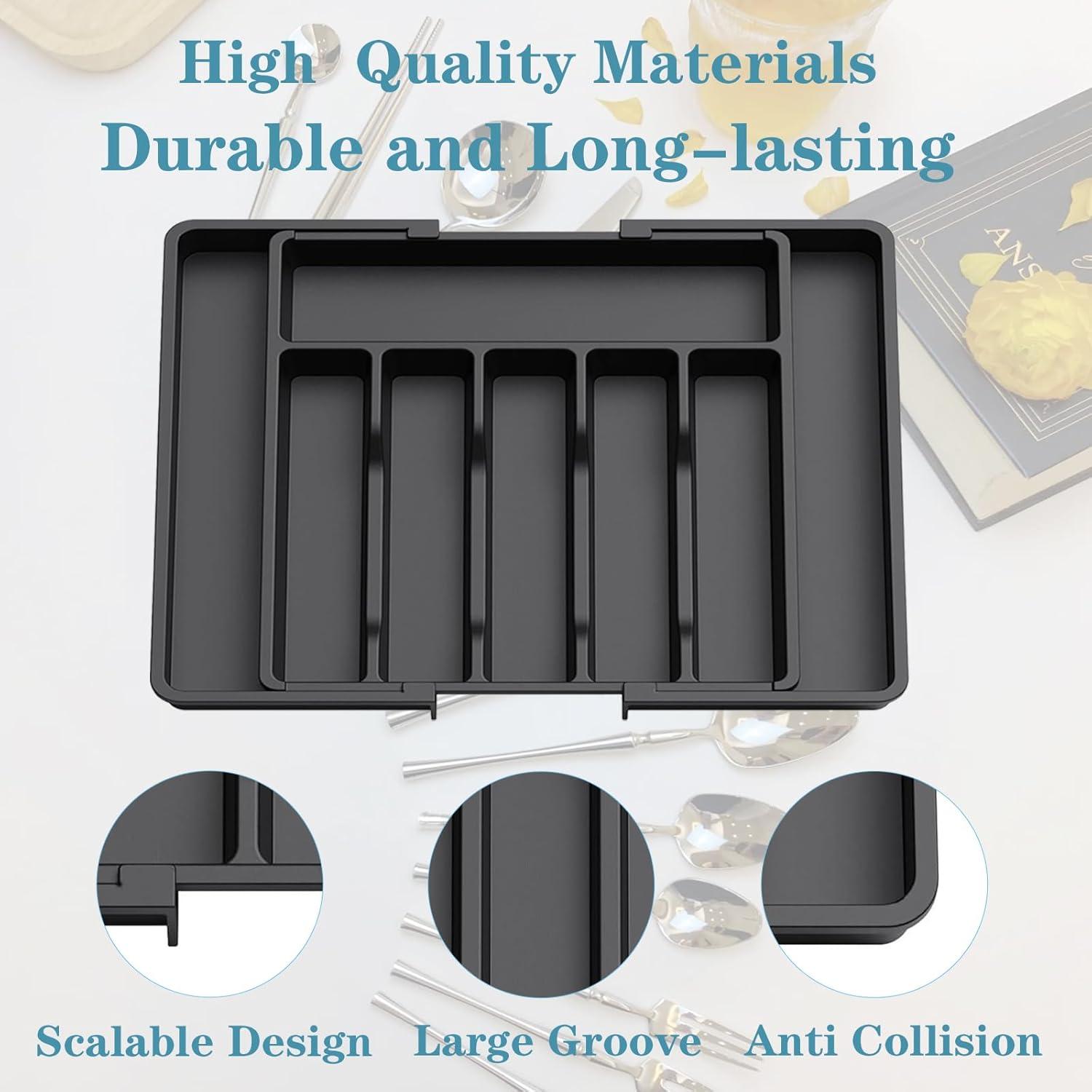 Charext Expandable Silverware Drawer Organizer with Large Capacity, Non-Slip Silicone Pads Flatware Divider, Easy to Clean, Elegant Design Reduces Slippage, Fits Any Kitchen or Home Style