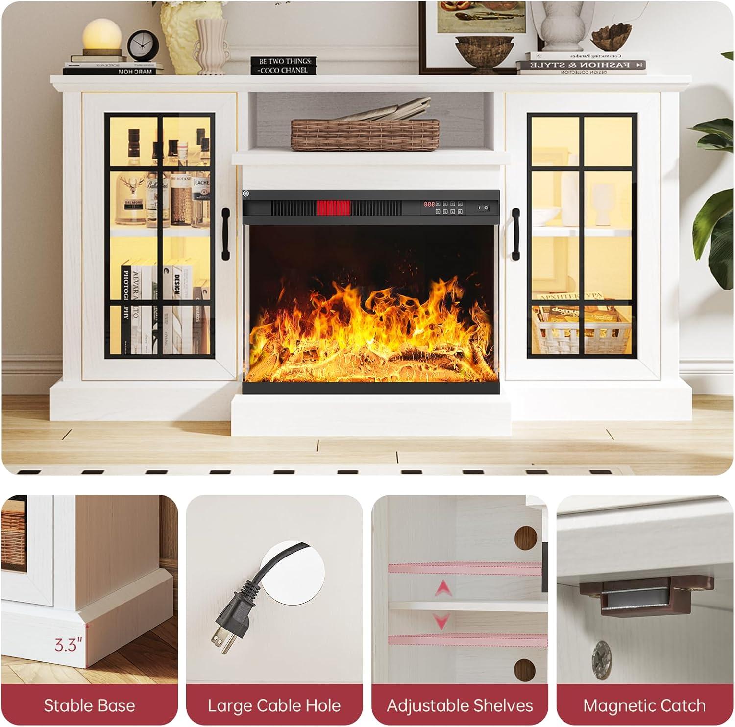 Fireplace TV Stand with 3-Sided Glass Electric Fireplace, 59" Entertainment Center, Distressed White
