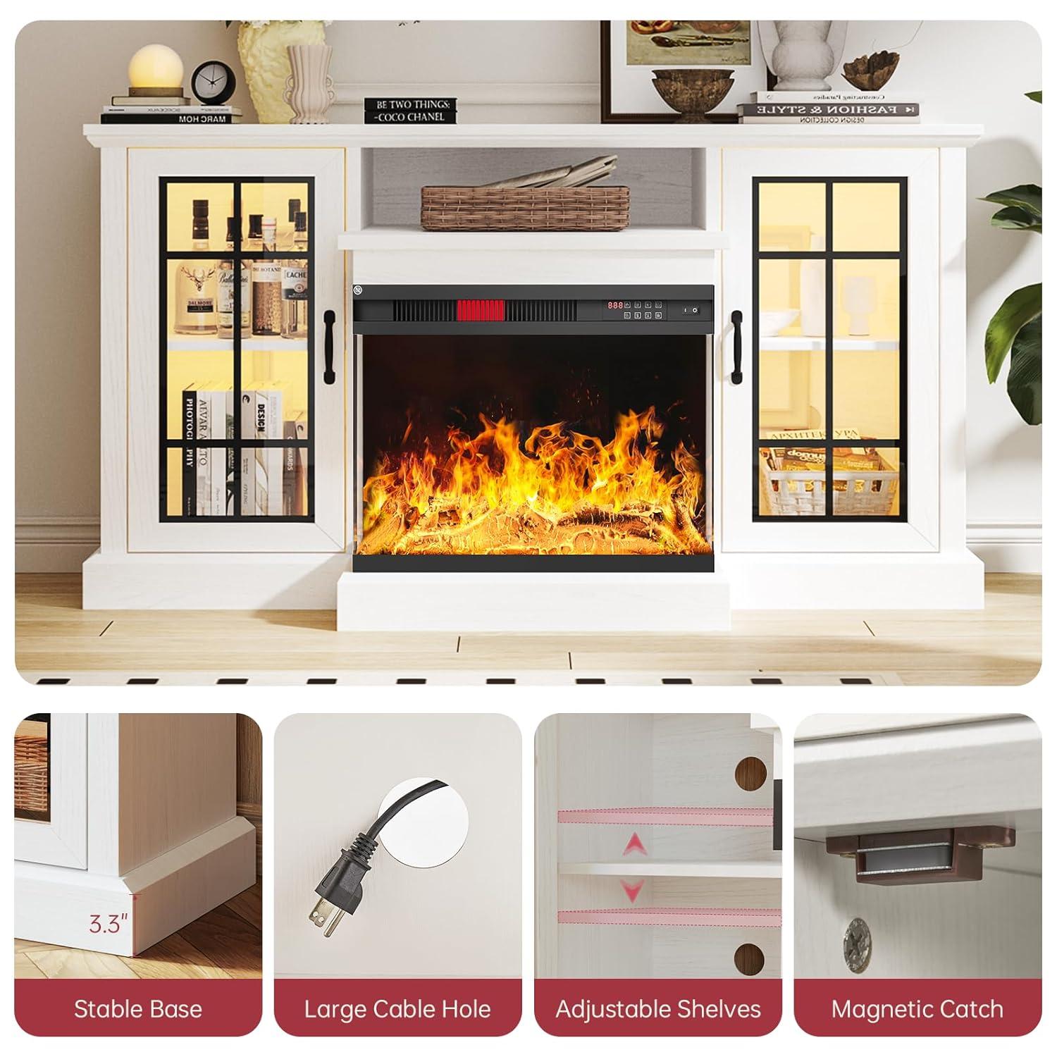 Fireplace TV Stand with 3-Sided Glass Electric Fireplace, 59" Entertainment Center, Distressed White