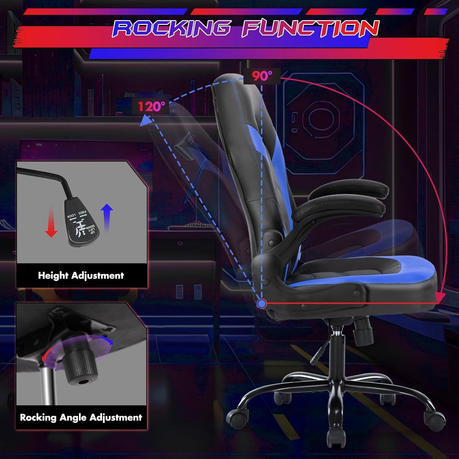 Black and Blue PU Leather Adjustable Gaming Chair with Flip-up Armrests